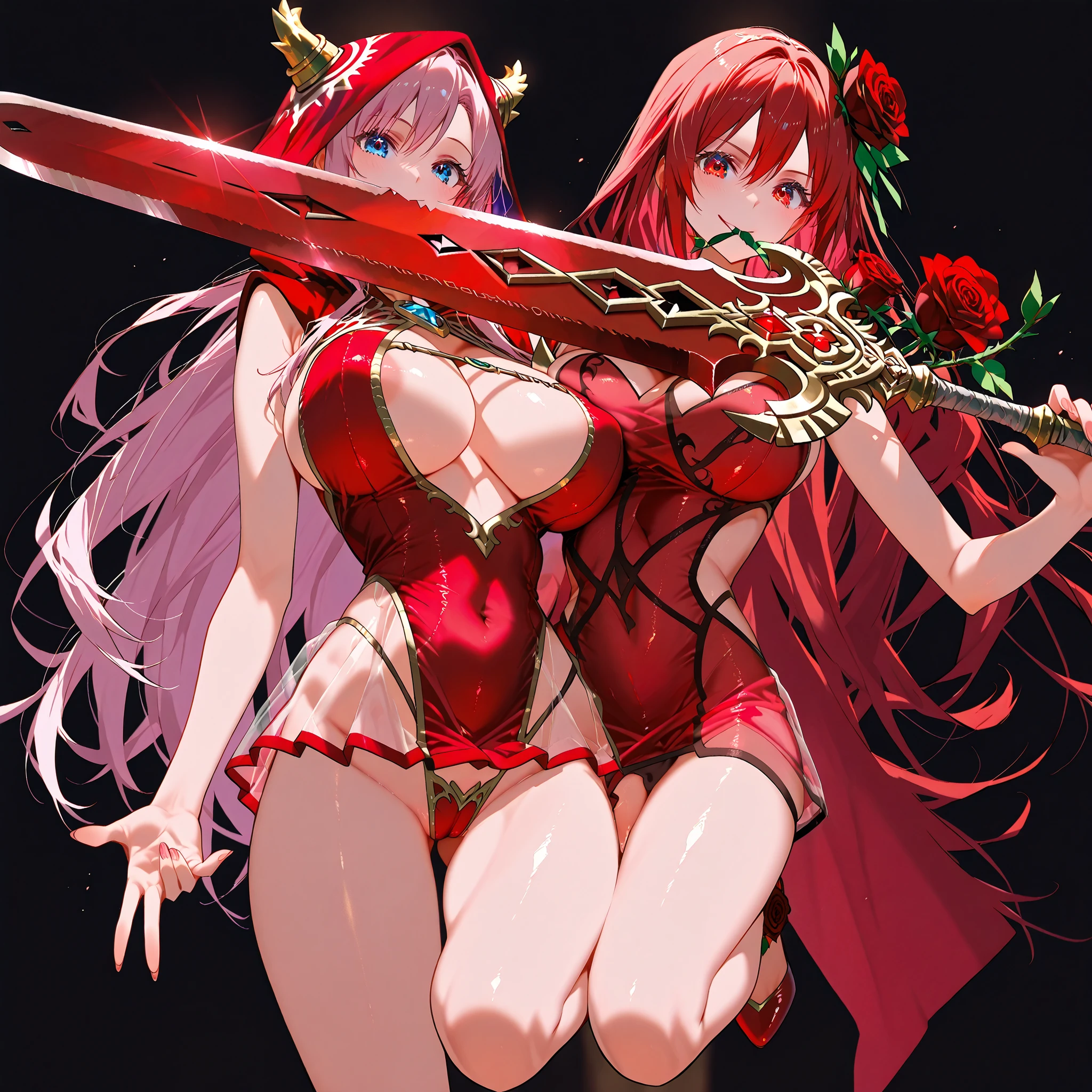 masterpiece,Super Detailed,beautiful faces,Charming blue-eyed girl, There is a sexy decoration on the,(beautiful single woman:1.5),(Red dragons live together:1.5),(Rose Assassin has a large sword with a red blade in his hand:1.5),long hair,sexy gesture with thin waist,Random Poses, 前髪がある赤いlong hair ,Goddess of Lust    ,smile,big boobs,Charming Thighs,(Transparent Micro Dress:1.5),Black Background,( Makes my crotch look beautiful ),(mini red micro dress with red roses in its mouth:1.5),Pose with one leg raised,
