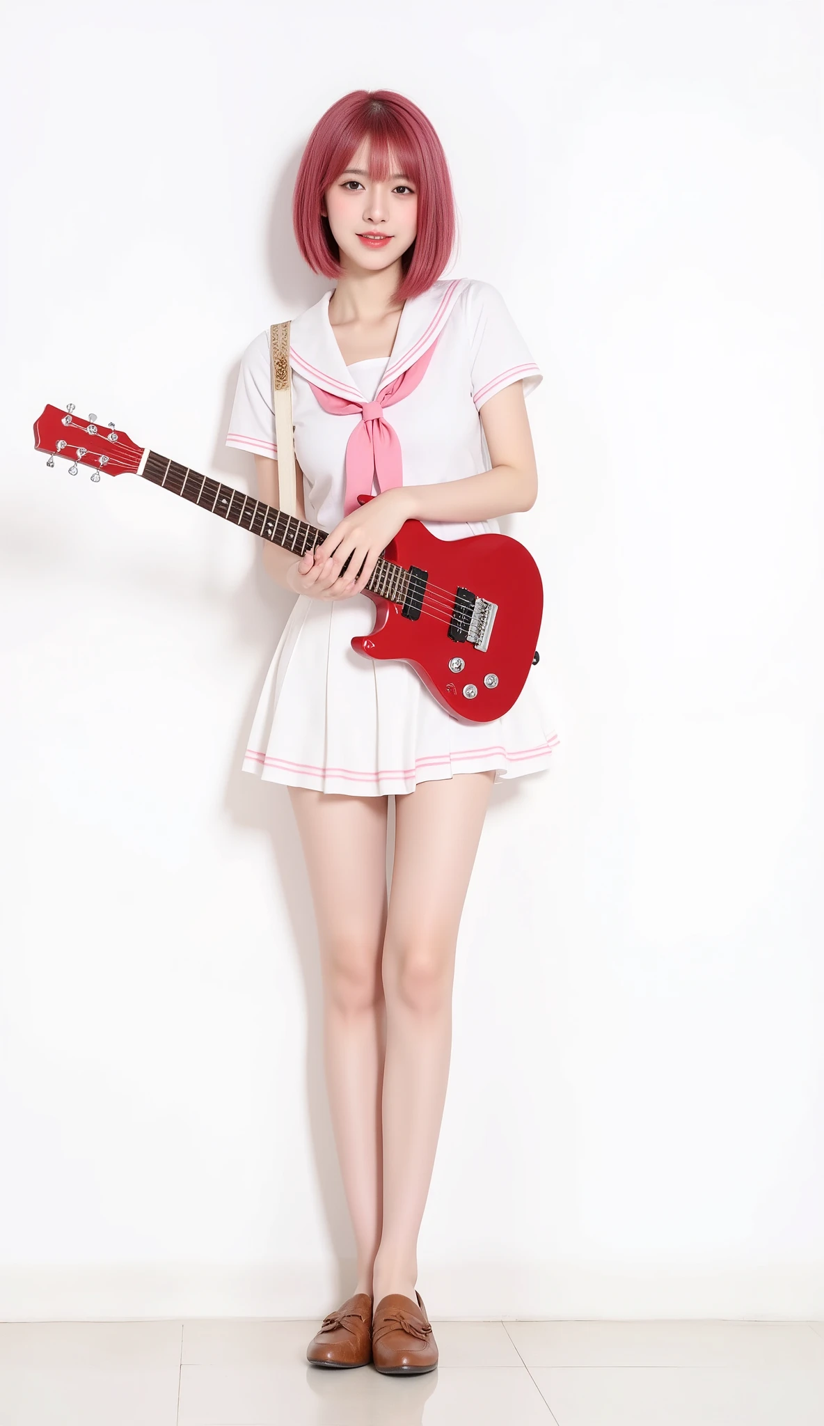 (solo, lady, dark pink haired, bob-hair, beautiful black eyes, full body view, standing with red guitar ,(sailor suit,white Sailor Collar , short sleeve shirt, pink ribbon tie, A white mini skirt with pink lines, brown loafer shoes, shiny tan skin),(smile), (white background),depth of field, perfect eyes, accurate face,Accurate Fingers,Accurate feet, masterpiece, top quality,Super Detailed, beautiful ,((full body)),