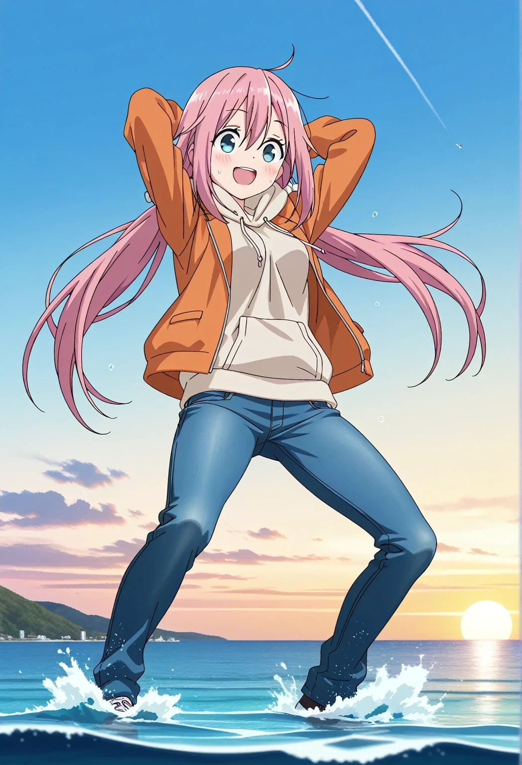 score_9, score_8_up, score_7_up, source_anime, highres, hi res, ((best quality, top quality, perfect quality, Highest Quality, amazing quality)), {{masterpiece}}, {{an extremely delicate and beautiful}}, 2d, intricate details, official style, anime, 8k, anime style, official_anime, official art, digital painting, cell shading, soft shading, high resolution, soothing tones, Subdued Color, Soft cinematic light, adobe lightroom, photolab, HDR, intricately and hyper-detailed, ((high quality animation)), 1 girl, Alone, solo, ((ocean)), tsunami, on the water, day, sunny, outdoors, sky, windy, nadeshiko kagamihara, blue eyes, hair between eyes, low twintails, long hair, pink hair, ahoge, scrunchie, hair scrunchie, white scrunchie, anime screencap, medium breasts, orange jacket, long sleeve, beige hoodie, best quality, hyper-detailed jeans, (blue jeans:1.9)), (dark blue jeans:0.6), full medium body, medium shot, Open mouth, smiling, happy face, blush, sweat, standing, ((arms behind head:6.0)), bowlegged, jumping pose, action, looking at viewer, spread legs, Bend knees slightly, straight-on front view