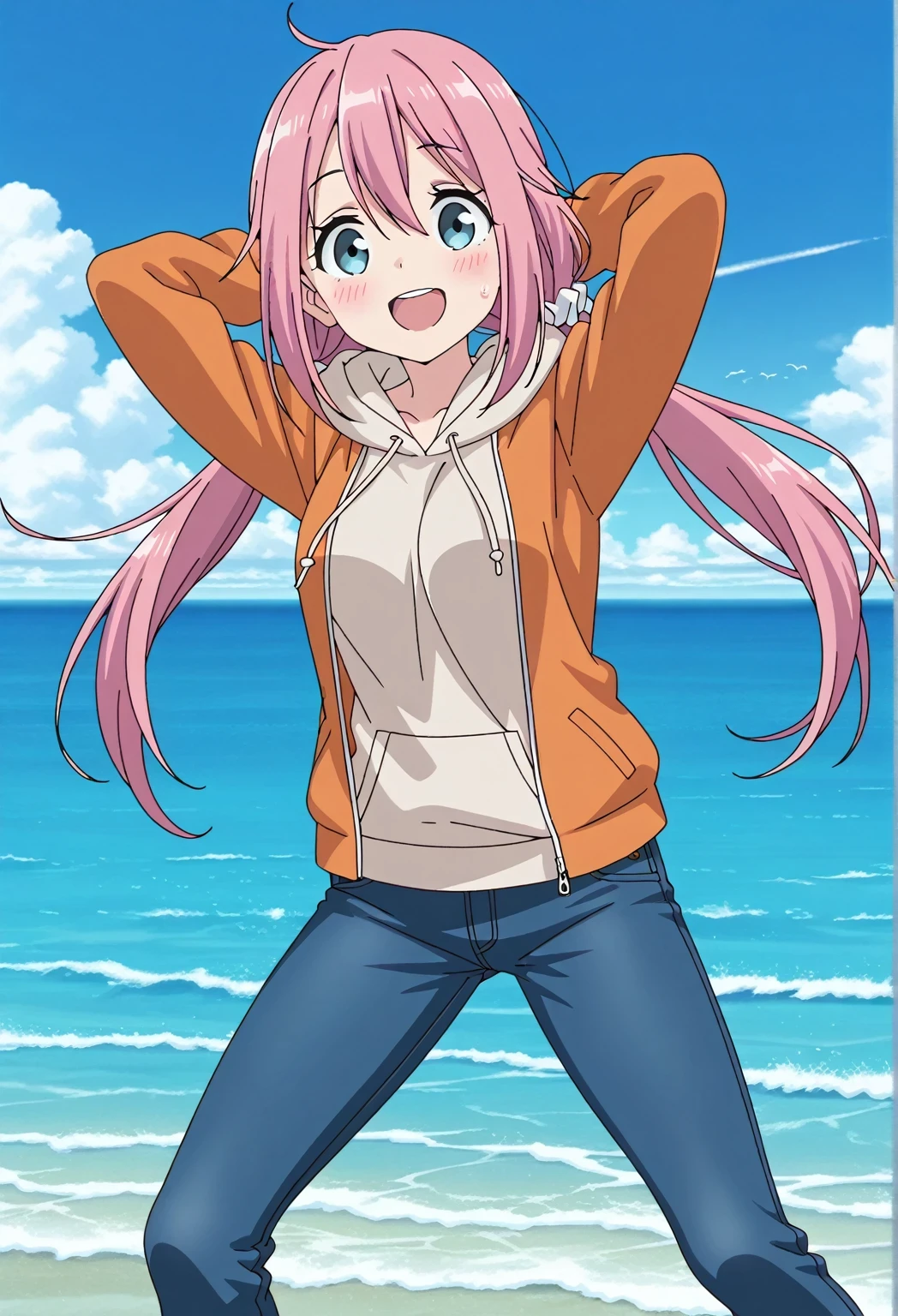 score_9, score_8_up, score_7_up, source_anime, highres, hi res, ((best quality, top quality, perfect quality, Highest Quality, amazing quality)), {{masterpiece}}, {{an extremely delicate and beautiful}}, 2d, intricate details, official style, anime, 8k, anime style, official_anime, official art, digital painting, cell shading, soft shading, high resolution, soothing tones, Subdued Color, Soft cinematic light, adobe lightroom, photolab, HDR, intricately and hyper-detailed, ((high quality animation)), 1 girl, Alone, solo, ((ocean)), tsunami, on the water, day, sunny, outdoors, sky, windy, nadeshiko kagamihara, blue eyes, hair between eyes, low twintails, long hair, pink hair, ahoge, scrunchie, hair scrunchie, white scrunchie, anime screencap, medium breasts, orange jacket, long sleeve, beige hoodie, best quality, hyper-detailed jeans, (blue jeans:1.9)), (dark blue jeans:0.6), full medium body, medium shot, Open mouth, smiling, happy face, blush, sweat, standing, ((arms behind head:6.0)), bowlegged, jumping pose, action, looking at viewer, spread legs, Bend knees slightly, straight-on front view