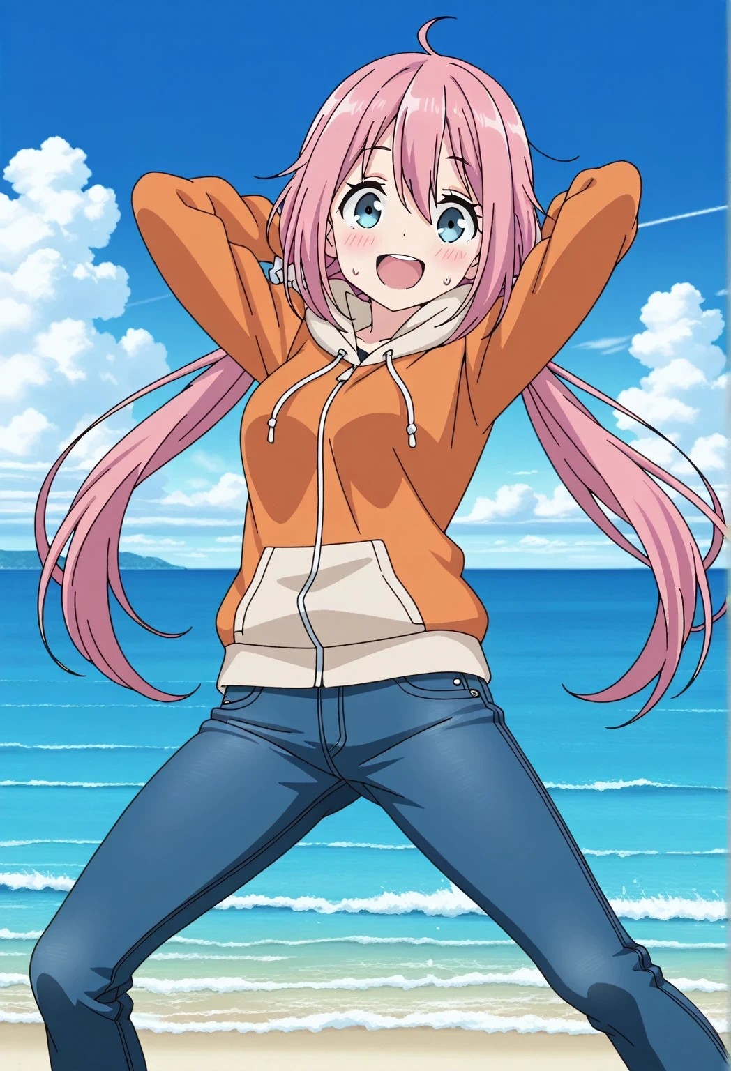 score_9, score_8_up, score_7_up, source_anime, highres, hi res, ((best quality, top quality, perfect quality, Highest Quality, amazing quality)), {{masterpiece}}, {{an extremely delicate and beautiful}}, 2d, intricate details, official style, anime, 8k, anime style, official_anime, official art, digital painting, cell shading, soft shading, high resolution, soothing tones, Subdued Color, Soft cinematic light, adobe lightroom, photolab, HDR, intricately and hyper-detailed, ((high quality animation)), 1 girl, Alone, solo, ((ocean)), tsunami, on the water, day, sunny, outdoors, sky, windy, nadeshiko kagamihara, blue eyes, hair between eyes, low twintails, long hair, pink hair, ahoge, scrunchie, hair scrunchie, white scrunchie, anime screencap, medium breasts, orange jacket, long sleeve, beige hoodie, best quality, hyper-detailed jeans, (blue jeans:1.9)), (dark blue jeans:0.6), full medium body, medium shot, Open mouth, smiling, happy face, blush, sweat, standing, ((arms behind head:6.0)), bowlegged, jumping pose, action, looking at viewer, spread legs, Bend knees slightly, straight-on front view