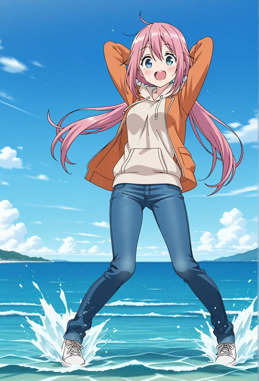 score_9, score_8_up, score_7_up, source_anime, highres, hi res, ((best quality, top quality, perfect quality, Highest Quality, amazing quality)), {{masterpiece}}, {{an extremely delicate and beautiful}}, 2d, intricate details, official style, anime, 8k, anime style, official_anime, official art, digital painting, cell shading, soft shading, high resolution, soothing tones, Subdued Color, Soft cinematic light, adobe lightroom, photolab, HDR, intricately and hyper-detailed, ((high quality animation)), 1 girl, Alone, solo, ((ocean)), tsunami, on the water, day, sunny, outdoors, sky, windy, nadeshiko kagamihara, blue eyes, hair between eyes, low twintails, long hair, pink hair, ahoge, scrunchie, hair scrunchie, white scrunchie, anime screencap, medium breasts, orange jacket, open jacket, long sleeve, beige hoodie, best quality, hyper-detailed jeans, (blue jeans:1.9)), (dark blue jeans:0.6), full medium body, medium shot, Open mouth, smiling, happy face, blush, sweat, standing, ((arms behind head:6.0)), bowlegged, jumping pose, action, looking at viewer, spread legs, Bend knees slightly, straight-on front view