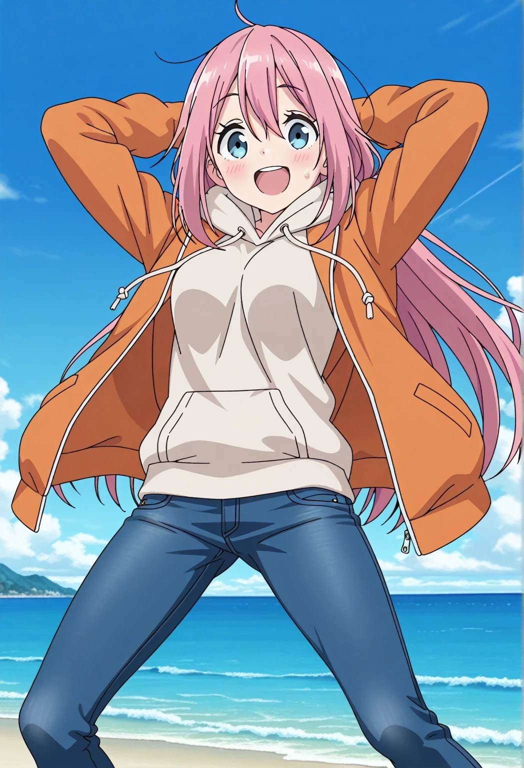 score_9, score_8_up, score_7_up, source_anime, highres, hi res, ((best quality, top quality, perfect quality, Highest Quality, amazing quality)), {{masterpiece}}, {{an extremely delicate and beautiful}}, 2d, intricate details, official style, anime, 8k, anime style, official_anime, official art, digital painting, cell shading, soft shading, high resolution, soothing tones, Subdued Color, Soft cinematic light, adobe lightroom, photolab, HDR, intricately and hyper-detailed, ((high quality animation)), 1 girl, Alone, solo, ((ocean)), tsunami, on the water, day, sunny, outdoors, sky, windy, nadeshiko kagamihara, blue eyes, hair between eyes, long hair, pink hair, ahoge, anime screencap, medium breasts, orange jacket, open jacket, long sleeve, beige hoodie, best quality, hyper-detailed jeans, (blue jeans:1.9)), (dark blue jeans:0.6), full medium body, medium shot, Open mouth, smiling, happy face, blush, sweat, standing, ((arms behind head:6.0)), bowlegged, jumping pose, action, looking at viewer, spread legs, Bend knees slightly, straight-on front view