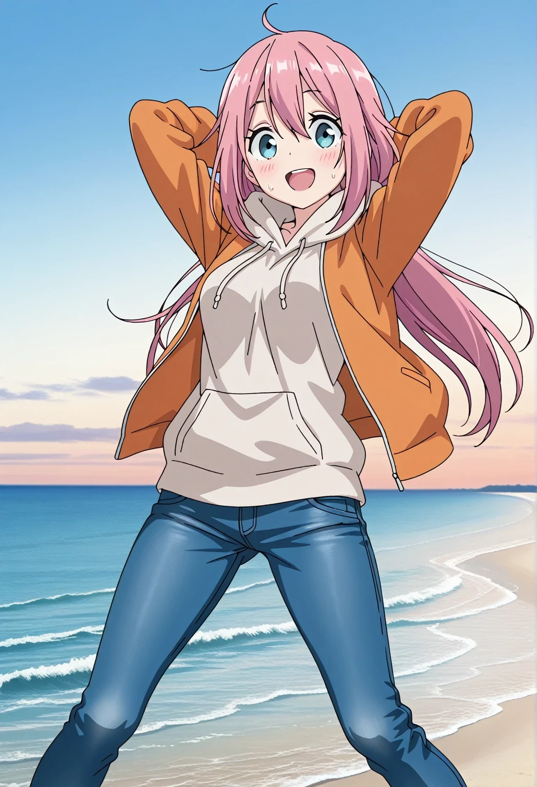 score_9, score_8_up, score_7_up, source_anime, highres, hi res, ((best quality, top quality, perfect quality, Highest Quality, amazing quality)), {{masterpiece}}, {{an extremely delicate and beautiful}}, 2d, intricate details, official style, anime, 8k, anime style, official_anime, official art, digital painting, cell shading, soft shading, high resolution, soothing tones, Subdued Color, Soft cinematic light, adobe lightroom, photolab, HDR, intricately and hyper-detailed, ((high quality animation)), 1 girl, Alone, solo, ((ocean)), tsunami, on the water, day, sunny, outdoors, sky, windy, nadeshiko kagamihara, blue eyes, hair between eyes, long hair, pink hair, ahoge, anime screencap, medium breasts, orange jacket, open jacket, long sleeve, beige hoodie, best quality, hyper-detailed jeans, (blue jeans:1.9)), (dark blue jeans:0.6), full medium body, medium shot, Open mouth, smiling, happy face, blush, sweat, standing, ((arms behind head:6.0)), bowlegged, jumping pose, action, looking at viewer, spread legs, Bend knees slightly, straight-on front view