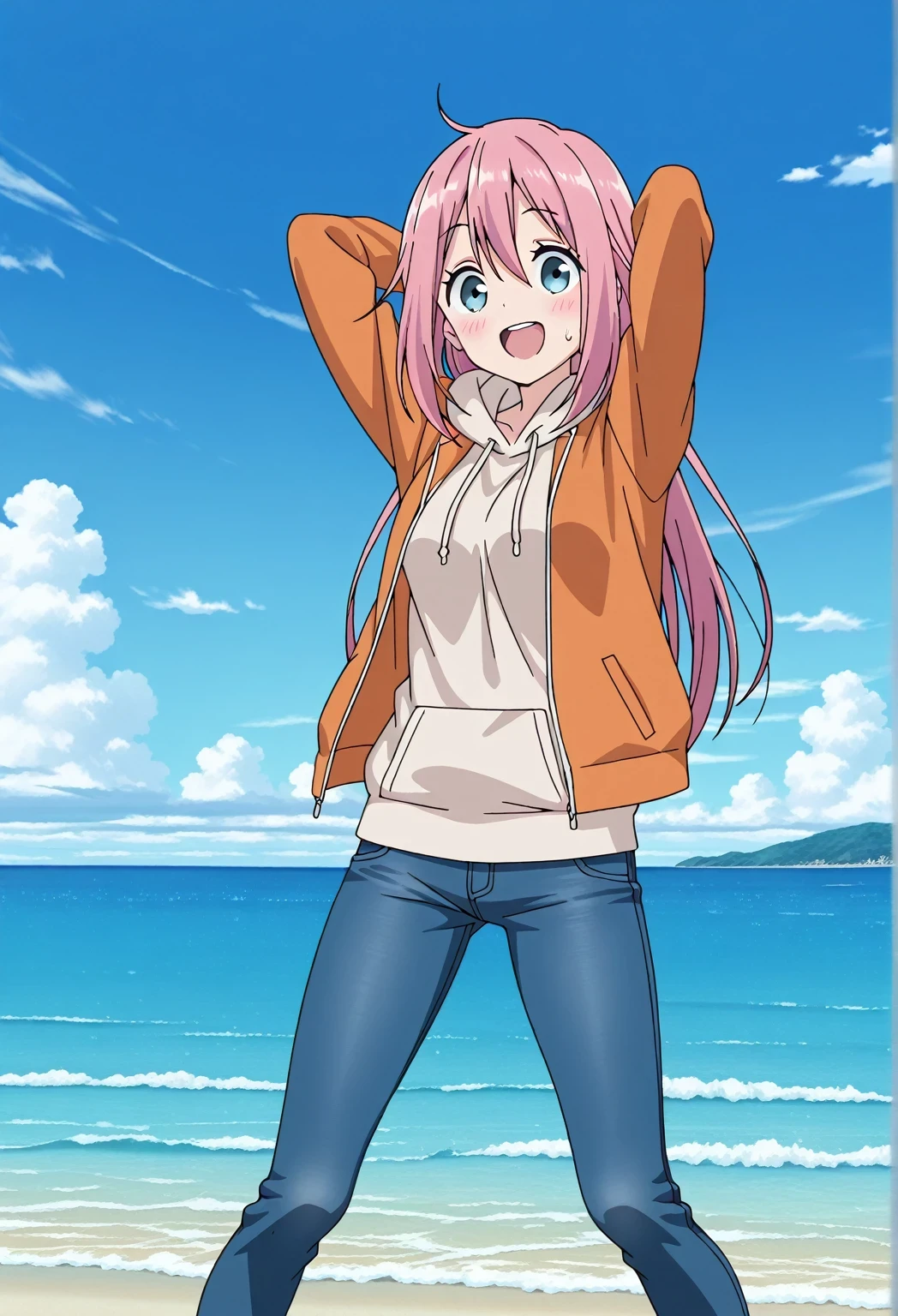 score_9, score_8_up, score_7_up, source_anime, highres, hi res, ((best quality, top quality, perfect quality, Highest Quality, amazing quality)), {{masterpiece}}, {{an extremely delicate and beautiful}}, 2d, intricate details, official style, anime, 8k, anime style, official_anime, official art, digital painting, cell shading, soft shading, high resolution, soothing tones, Subdued Color, Soft cinematic light, adobe lightroom, photolab, HDR, intricately and hyper-detailed, ((high quality animation)), 1 girl, Alone, solo, ((ocean)), tsunami, on the water, day, sunny, outdoors, sky, windy, nadeshiko kagamihara, blue eyes, hair between eyes, long hair, pink hair, ahoge, anime screencap, medium breasts, orange jacket, open jacket, long sleeve, beige hoodie, best quality, hyper-detailed jeans, (blue jeans:1.9)), (dark blue jeans:0.6), full medium body, medium shot, Open mouth, smiling, happy face, blush, sweat, standing, ((arms behind head:6.0)), bowlegged, jumping pose, action, looking at viewer, spread legs, Bend knees slightly, straight-on front view