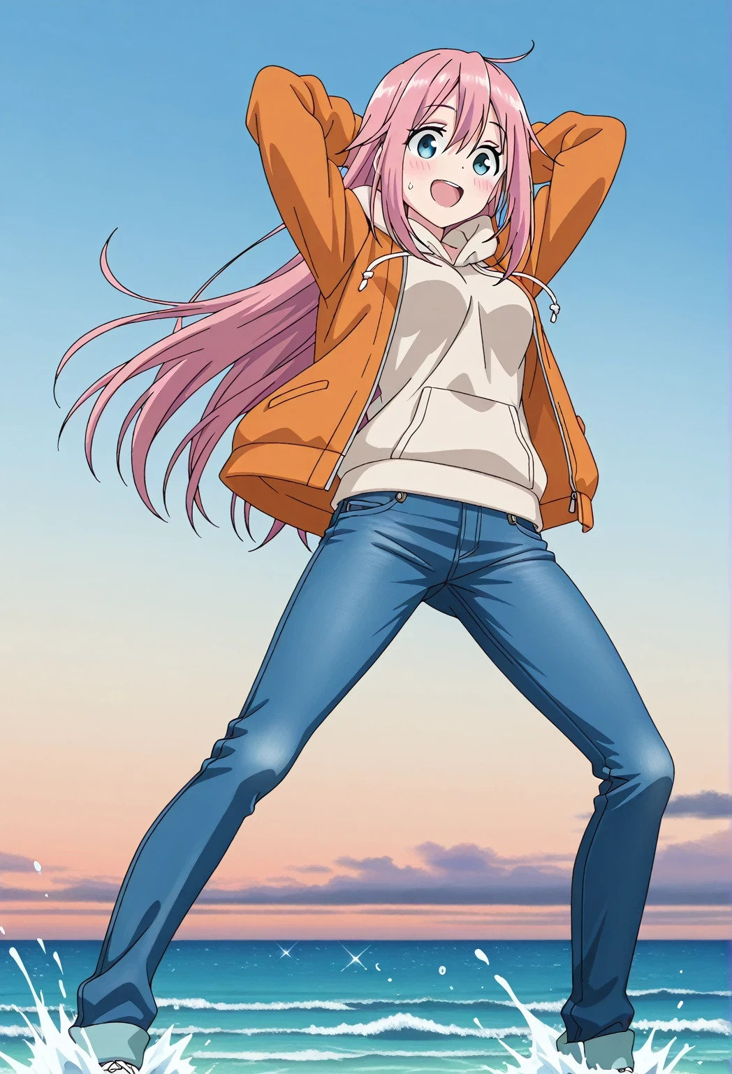 score_9, score_8_up, score_7_up, source_anime, highres, hi res, ((best quality, top quality, perfect quality, Highest Quality, amazing quality)), {{masterpiece}}, {{an extremely delicate and beautiful}}, 2d, intricate details, official style, anime, 8k, anime style, official_anime, official art, digital painting, cell shading, soft shading, high resolution, soothing tones, Subdued Color, Soft cinematic light, adobe lightroom, photolab, HDR, intricately and hyper-detailed, ((high quality animation)), 1 girl, Alone, solo, ((ocean)), tsunami, on the water, day, sunny, outdoors, sky, windy, nadeshiko kagamihara, blue eyes, hair between eyes, long hair, pink hair, ahoge, anime screencap, medium breasts, orange jacket, open jacket, long sleeve, beige hoodie, best quality, hyper-detailed jeans, (blue jeans:1.9)), (dark blue jeans:0.6), full medium body, medium shot, Open mouth, smiling, happy face, blush, sweat, standing, ((arms behind head:6.0)), bowlegged, jumping pose, action, looking at viewer, spread legs, Bend knees slightly, straight-on front view