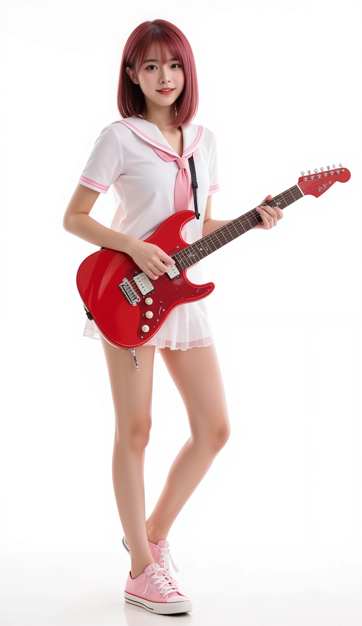 (solo, girl, dark pink haired, bob-hair, beautiful black eyes, full body view, standing with red guitar ,(sailor suit,white Sailor Collar , short sleeve shirt, pink ribbon tie, see-through mini skirt with pink lines, , pubic hair, pink sneakers, shiny tan skin),(smile), (white background),depth of field, perfect eyes, accurate face,Accurate Fingers,Accurate feet, masterpiece, top quality,Super Detailed, beautiful ,((full body)), dynamic pose