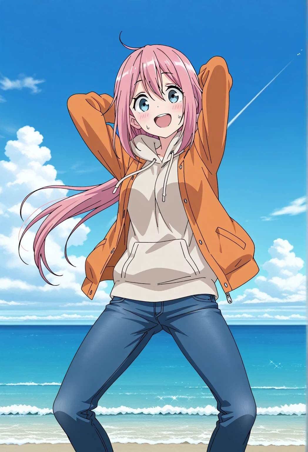 score_9, score_8_up, score_7_up, source_anime, highres, hi res, ((best quality, top quality, perfect quality, Highest Quality, amazing quality)), {{masterpiece}}, {{an extremely delicate and beautiful}}, 2d, intricate details, official style, anime, 8k, anime style, official_anime, official art, digital painting, cell shading, soft shading, high resolution, soothing tones, Subdued Color, Soft cinematic light, adobe lightroom, photolab, HDR, intricately and hyper-detailed, ((high quality animation)), 1 girl, Alone, solo, ((ocean)), tsunami, on the water, day, sunny, outdoors, sky, windy, nadeshiko kagamihara, blue eyes, hair between eyes, long hair, pink hair, ahoge, anime screencap, medium breasts, orange jacket, open jacket, long sleeve, beige hoodie, best quality, hyper-detailed jeans, (blue jeans:1.9)), (dark blue jeans:0.6), full medium body, medium shot, Open mouth, smiling, happy face, blush, sweat, standing, ((arms behind head:6.0)), bowlegged, jumping pose, action, looking at viewer, spread legs, Bend knees slightly, straight-on front view