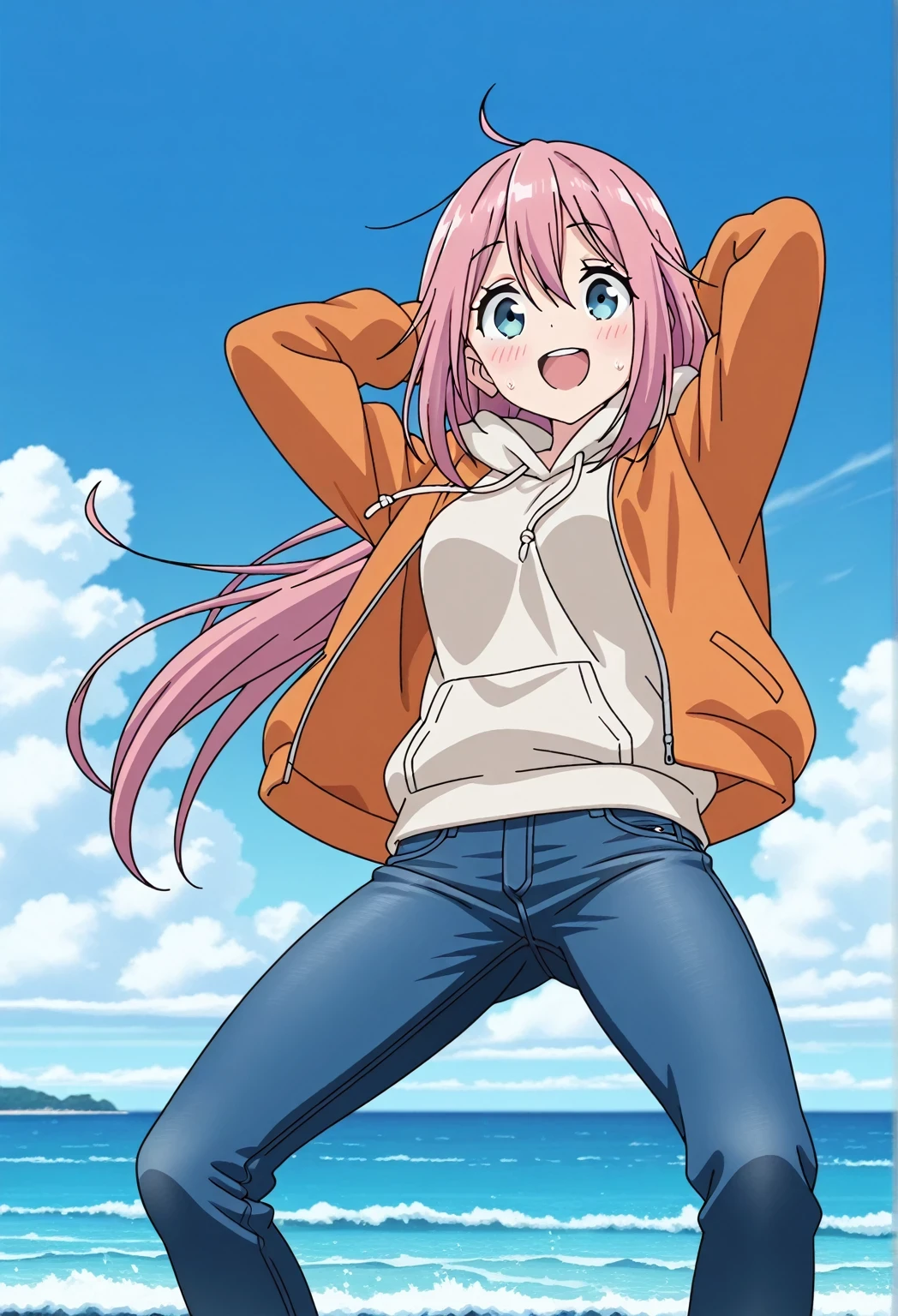 score_9, score_8_up, score_7_up, source_anime, highres, hi res, ((best quality, top quality, perfect quality, Highest Quality, amazing quality)), {{masterpiece}}, {{an extremely delicate and beautiful}}, 2d, intricate details, official style, anime, 8k, anime style, official_anime, official art, digital painting, cell shading, soft shading, high resolution, soothing tones, Subdued Color, Soft cinematic light, adobe lightroom, photolab, HDR, intricately and hyper-detailed, ((high quality animation)), 1 girl, Alone, solo, ((ocean)), tsunami, on the water, day, sunny, outdoors, sky, windy, nadeshiko kagamihara, blue eyes, hair between eyes, long hair, pink hair, ahoge, anime screencap, medium breasts, orange jacket, open jacket, long sleeve, beige hoodie, best quality, hyper-detailed jeans, (blue jeans:1.9)), (dark blue jeans:0.6), full medium body, medium shot, Open mouth, smiling, happy face, blush, sweat, standing, ((arms behind head:6.0)), bowlegged, jumping pose, action, looking at viewer, spread legs, Bend knees slightly, straight-on front view