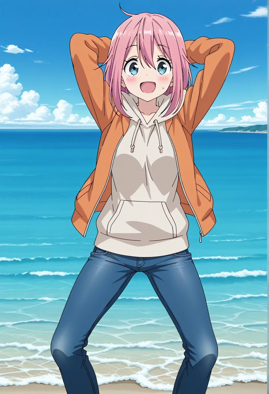 score_9, score_8_up, score_7_up, source_anime, highres, hi res, ((best quality, top quality, perfect quality, Highest Quality, amazing quality)), {{masterpiece}}, {{an extremely delicate and beautiful}}, 2d, intricate details, official style, anime, 8k, anime style, official_anime, official art, digital painting, cell shading, soft shading, high resolution, soothing tones, Subdued Color, Soft cinematic light, adobe lightroom, photolab, HDR, intricately and hyper-detailed, ((high quality animation)), 1 girl, Alone, solo, ((ocean)), tsunami, on the water, day, sunny, outdoors, sky, windy, nadeshiko kagamihara, blue eyes, hair between eyes, long hair, pink hair, ahoge, anime screencap, medium breasts, orange jacket, open jacket, long sleeve, beige hoodie, best quality, hyper-detailed jeans, (blue jeans:1.9)), (dark blue jeans:0.6), full medium body, medium shot, Open mouth, smiling, happy face, blush, sweat, standing, ((arms behind head:6.0)), bowlegged, sliding pose, action, looking at viewer, spread legs, Bend knees slightly, straight-on front view