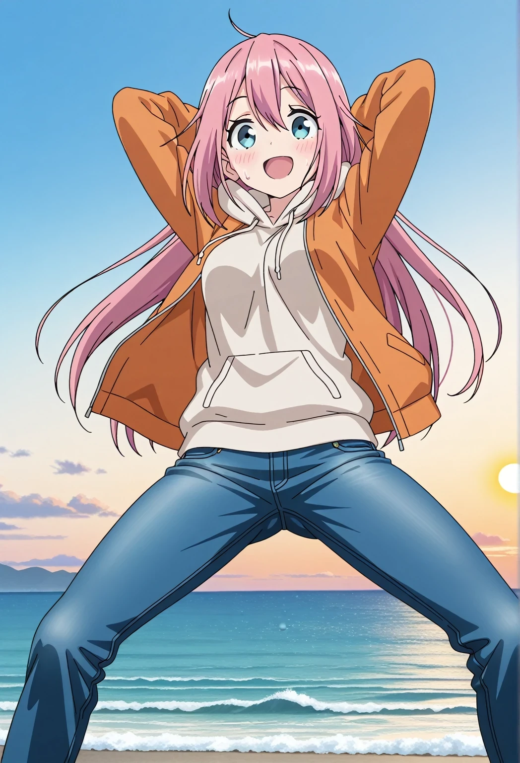 score_9, score_8_up, score_7_up, source_anime, highres, hi res, ((best quality, top quality, perfect quality, Highest Quality, amazing quality)), {{masterpiece}}, {{an extremely delicate and beautiful}}, 2d, intricate details, official style, anime, 8k, anime style, official_anime, official art, digital painting, cell shading, soft shading, high resolution, soothing tones, Subdued Color, Soft cinematic light, adobe lightroom, photolab, HDR, intricately and hyper-detailed, ((high quality animation)), 1 girl, Alone, solo, ((ocean)), tsunami, on the water, day, sunny, outdoors, sky, windy, nadeshiko kagamihara, blue eyes, hair between eyes, long hair, pink hair, ahoge, anime screencap, medium breasts, orange jacket, open jacket, long sleeve, beige hoodie, best quality, hyper-detailed jeans, (blue jeans:1.9)), (dark blue jeans:0.6), full medium body, medium shot, Open mouth, smiling, happy face, blush, sweat, standing, ((arms behind head:6.0)), bowlegged, sliding pose, action, looking at viewer, spread legs, Bend knees slightly, straight-on front view
