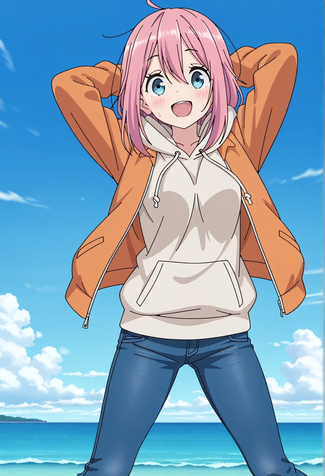 score_9, score_8_up, score_7_up, source_anime, highres, hi res, ((best quality, top quality, perfect quality, Highest Quality, amazing quality)), {{masterpiece}}, {{an extremely delicate and beautiful}}, 2d, intricate details, official style, anime, 8k, anime style, official_anime, official art, digital painting, cell shading, soft shading, high resolution, soothing tones, Subdued Color, Soft cinematic light, adobe lightroom, photolab, HDR, intricately and hyper-detailed, ((high quality animation)), 1 girl, Alone, solo, ((ocean)), tsunami, on the water, day, sunny, outdoors, sky, windy, nadeshiko kagamihara, blue eyes, hair between eyes, long hair, pink hair, ahoge, anime screencap, medium breasts, orange jacket, open jacket, long sleeve, beige hoodie, best quality, hyper-detailed jeans, (blue jeans:1.9)), (dark blue jeans:0.6), full medium body, medium shot, Open mouth, smiling, happy face, blush, sweat, standing, ((arms behind head:6.0)), bowlegged, sliding pose, action, looking at viewer, spread legs, Bend knees slightly, straight-on front view