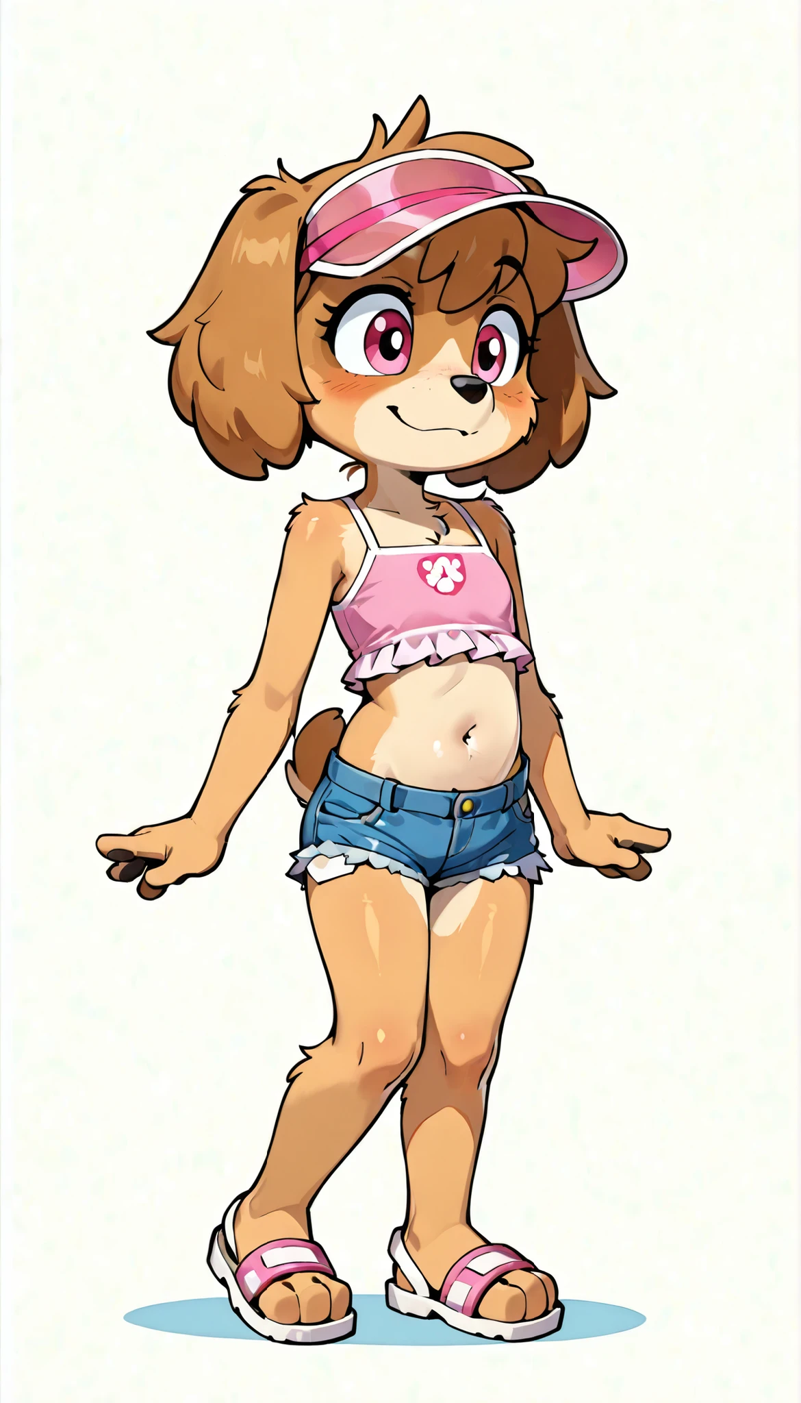 score_9, score_8_up, score_8, source_cartoon, source_furry, 1girl, solo, Skye(PP), dog, anthro, dog, furry, Cockapoo, pink eyes, golden-brown body fur, golden-brown hair, cute face, 4 fingers, ((pink visor cap, pink frilly tankini, midriff, denim shorts, sandals)), full body, feets with three toes, white background, simple background, confident face, skinny, short body, thin body, glistering body, shiny body, (very skinny:1.0), (Small, Short:1.1), (young cub:1.2), looking at you, standing,