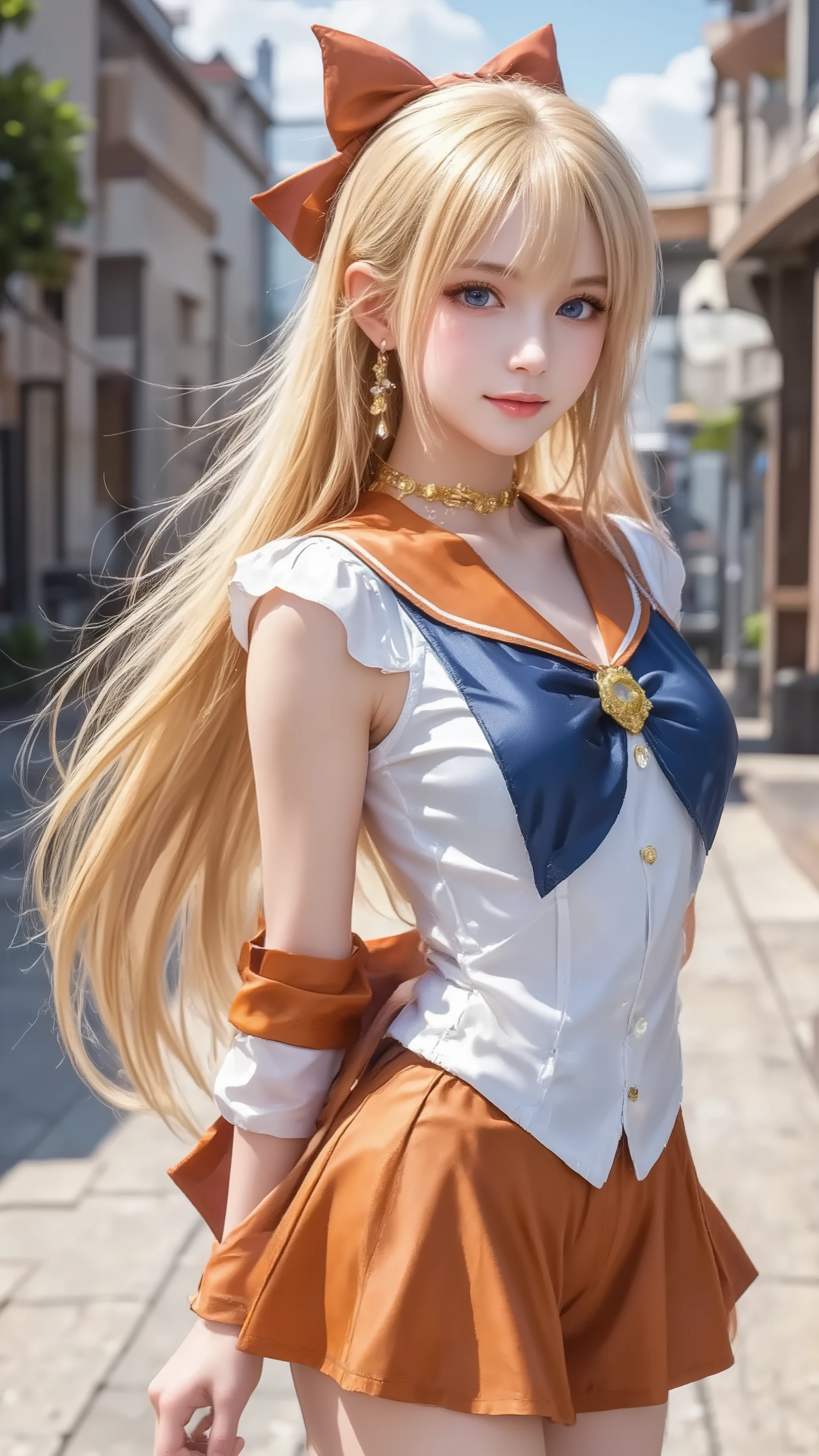 masterpiece, Highest Quality , perfect body, 　　　　　　　　　 - ,Sailor Venus,Blonde,blue eyes,bow,hair bow,half up,long hair,red bow,tiara back bow,choker,elbow Butt Under Pants,Butt Under Pants,gem,Magical Girl,orange choker,orange sailor color,orange skirt,sailor color,sailor warrior uniform,uniform,uniform,skirt,white Butt Under Pants,　　 　　　　shiny skin, depth of field , smile、lift arms backwards、solo,1girl,standing,Town,Front Map
