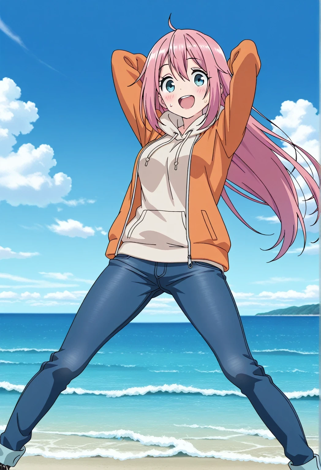 score_9, score_8_up, score_7_up, source_anime, highres, hi res, ((best quality, top quality, perfect quality, Highest Quality, amazing quality)), {{masterpiece}}, {{an extremely delicate and beautiful}}, 2d, intricate details, official style, anime, 8k, anime style, official_anime, official art, digital painting, cell shading, soft shading, high resolution, soothing tones, Subdued Color, Soft cinematic light, adobe lightroom, photolab, HDR, intricately and hyper-detailed, ((high quality animation)), 1 girl, Alone, solo, ((ocean)), tsunami, on the water, day, sunny, outdoors, sky, windy, nadeshiko kagamihara, blue eyes, hair between eyes, long hair, pink hair, ahoge, anime screencap, medium breasts, orange jacket, open jacket, long sleeve, beige hoodie, best quality, hyper-detailed jeans, (blue jeans:1.9)), (dark blue jeans:0.6), full medium body, medium shot, Open mouth, smiling, happy face, blush, sweat, standing, ((arms behind head:6.0)), bowlegged, sliding pose, action, looking at viewer, spread legs, Bend knees slightly, straight-on front view