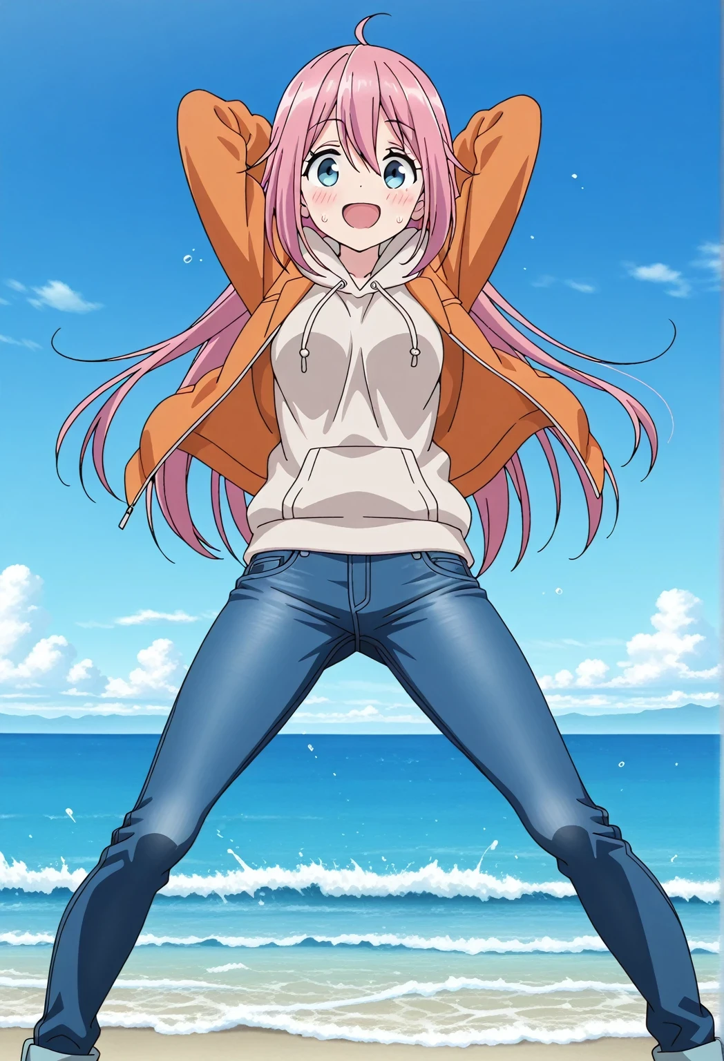 score_9, score_8_up, score_7_up, source_anime, highres, hi res, ((best quality, top quality, perfect quality, Highest Quality, amazing quality)), {{masterpiece}}, {{an extremely delicate and beautiful}}, 2d, intricate details, official style, anime, 8k, anime style, official_anime, official art, digital painting, cell shading, soft shading, high resolution, soothing tones, Subdued Color, Soft cinematic light, adobe lightroom, photolab, HDR, intricately and hyper-detailed, ((high quality animation)), 1 girl, Alone, solo, ((ocean)), tsunami, on the water, day, sunny, outdoors, sky, windy, nadeshiko kagamihara, blue eyes, hair between eyes, long hair, pink hair, ahoge, anime screencap, medium breasts, orange jacket, open jacket, long sleeve, beige hoodie, best quality, hyper-detailed jeans, (blue jeans:1.9)), (dark blue jeans:0.6), full medium body, medium shot, Open mouth, smiling, happy face, blush, sweat, standing, ((arms behind head:6.0)), bowlegged, jumping pose, action, looking at viewer, spread legs, Bend knees slightly, straight-on front view
