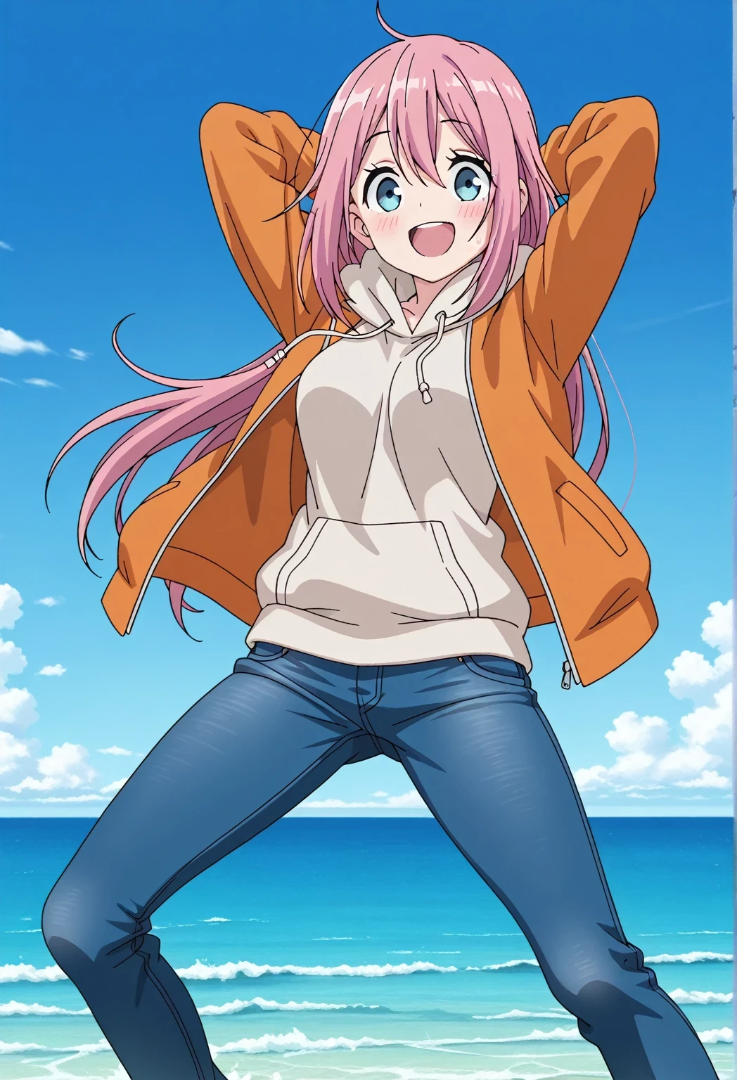 score_9, score_8_up, score_7_up, source_anime, highres, hi res, ((best quality, top quality, perfect quality, Highest Quality, amazing quality)), {{masterpiece}}, {{an extremely delicate and beautiful}}, 2d, intricate details, official style, anime, 8k, anime style, official_anime, official art, digital painting, cell shading, soft shading, high resolution, soothing tones, Subdued Color, Soft cinematic light, adobe lightroom, photolab, HDR, intricately and hyper-detailed, ((high quality animation)), 1 girl, Alone, solo, ((ocean)), tsunami, on the water, day, sunny, outdoors, sky, windy, nadeshiko kagamihara, blue eyes, hair between eyes, long hair, pink hair, ahoge, anime screencap, medium breasts, orange jacket, open jacket, long sleeve, beige hoodie, best quality, hyper-detailed jeans, (blue jeans:1.9)), (dark blue jeans:0.6), full medium body, medium shot, Open mouth, smiling, happy face, blush, sweat, standing, ((arms behind head:6.0)), bowlegged, jumping pose, action, looking at viewer, spread legs, Bend knees slightly, straight-on front view