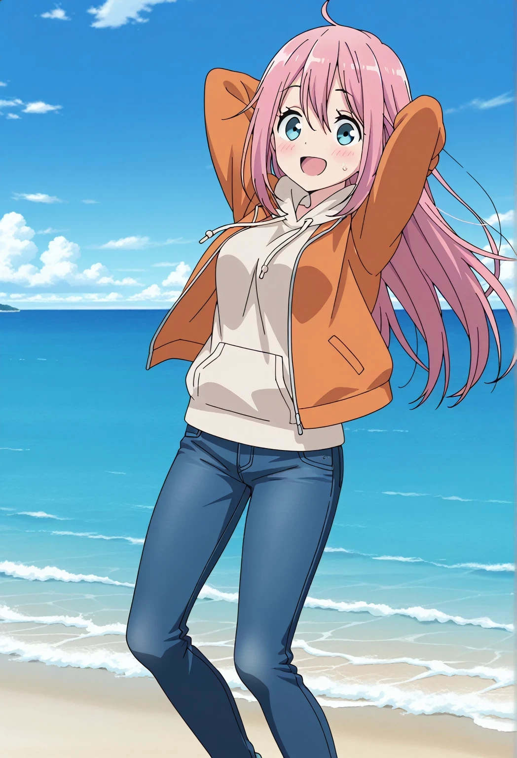 score_9, score_8_up, score_7_up, source_anime, highres, hi res, ((best quality, top quality, perfect quality, Highest Quality, amazing quality)), {{masterpiece}}, {{an extremely delicate and beautiful}}, 2d, intricate details, official style, anime, 8k, anime style, official_anime, official art, digital painting, cell shading, soft shading, high resolution, soothing tones, Subdued Color, Soft cinematic light, adobe lightroom, photolab, HDR, intricately and hyper-detailed, ((high quality animation)), 1 girl, Alone, solo, ((ocean)), tsunami, on the water, day, sunny, outdoors, sky, windy, nadeshiko kagamihara, blue eyes, hair between eyes, long hair, pink hair, ahoge, anime screencap, medium breasts, orange jacket, open jacket, long sleeve, beige hoodie, best quality, hyper-detailed jeans, (blue jeans:1.9)), (dark blue jeans:0.6), full medium body, medium shot, Open mouth, smiling, happy face, blush, sweat, standing, ((arms behind head:6.0)), bowlegged, jumping pose, action, looking at viewer, spread legs, Bend knees slightly, straight-on front view