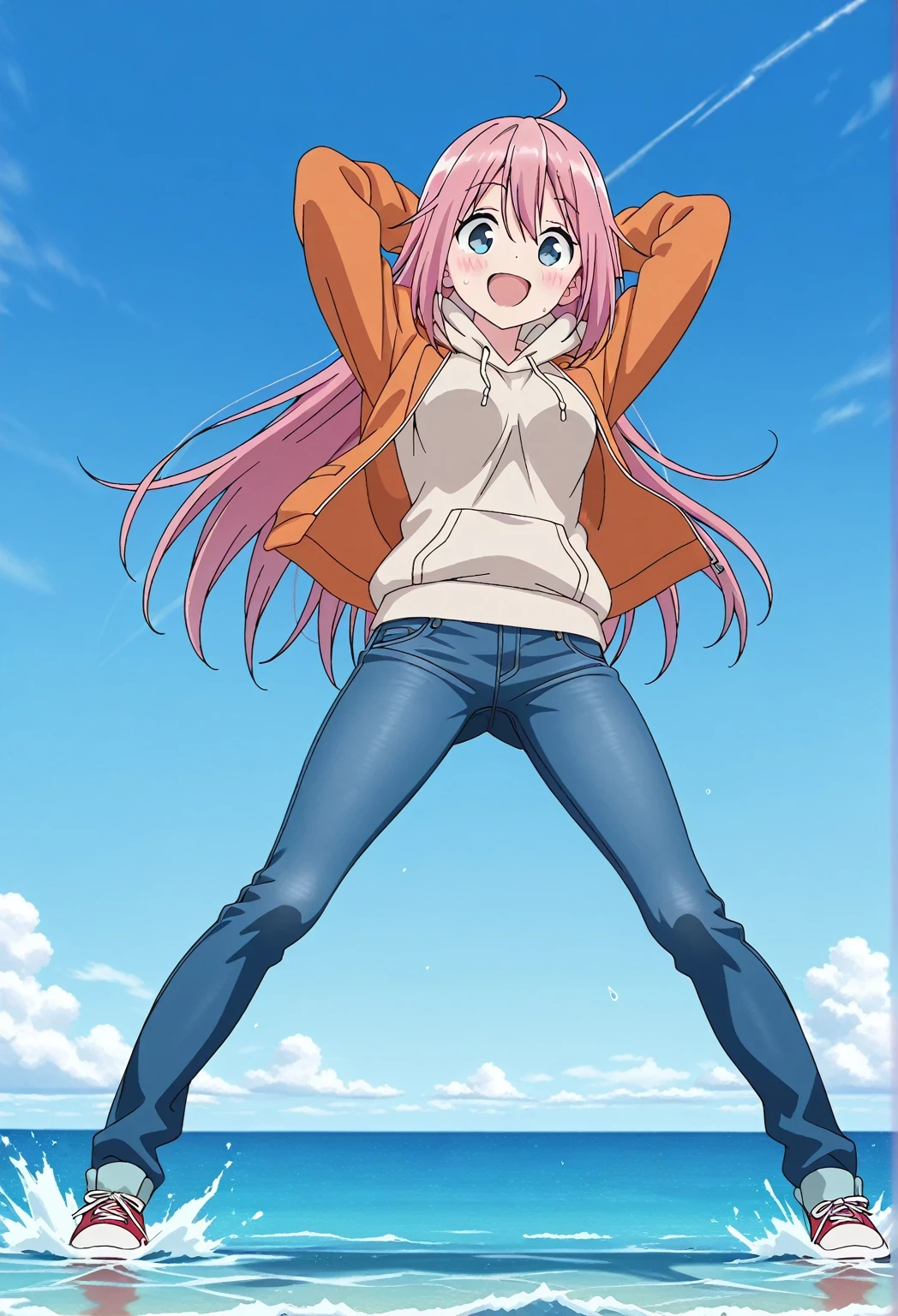 score_9, score_8_up, score_7_up, source_anime, highres, hi res, ((best quality, top quality, perfect quality, Highest Quality, amazing quality)), {{masterpiece}}, {{an extremely delicate and beautiful}}, 2d, intricate details, official style, anime, 8k, anime style, official_anime, official art, digital painting, cell shading, soft shading, high resolution, soothing tones, Subdued Color, Soft cinematic light, adobe lightroom, photolab, HDR, intricately and hyper-detailed, ((high quality animation)), 1 girl, Alone, solo, ((ocean)), tsunami, on the water, day, sunny, outdoors, sky, windy, nadeshiko kagamihara, blue eyes, hair between eyes, long hair, pink hair, ahoge, anime screencap, medium breasts, orange jacket, open jacket, long sleeve, beige hoodie, best quality, hyper-detailed jeans, (blue jeans:1.9)), (dark blue jeans:0.6), full medium body, medium shot, Open mouth, smiling, happy face, blush, sweat, standing, ((arms behind head:6.0)), bowlegged, jumping pose, action, looking at viewer, spread legs, Bend knees slightly, straight-on front view