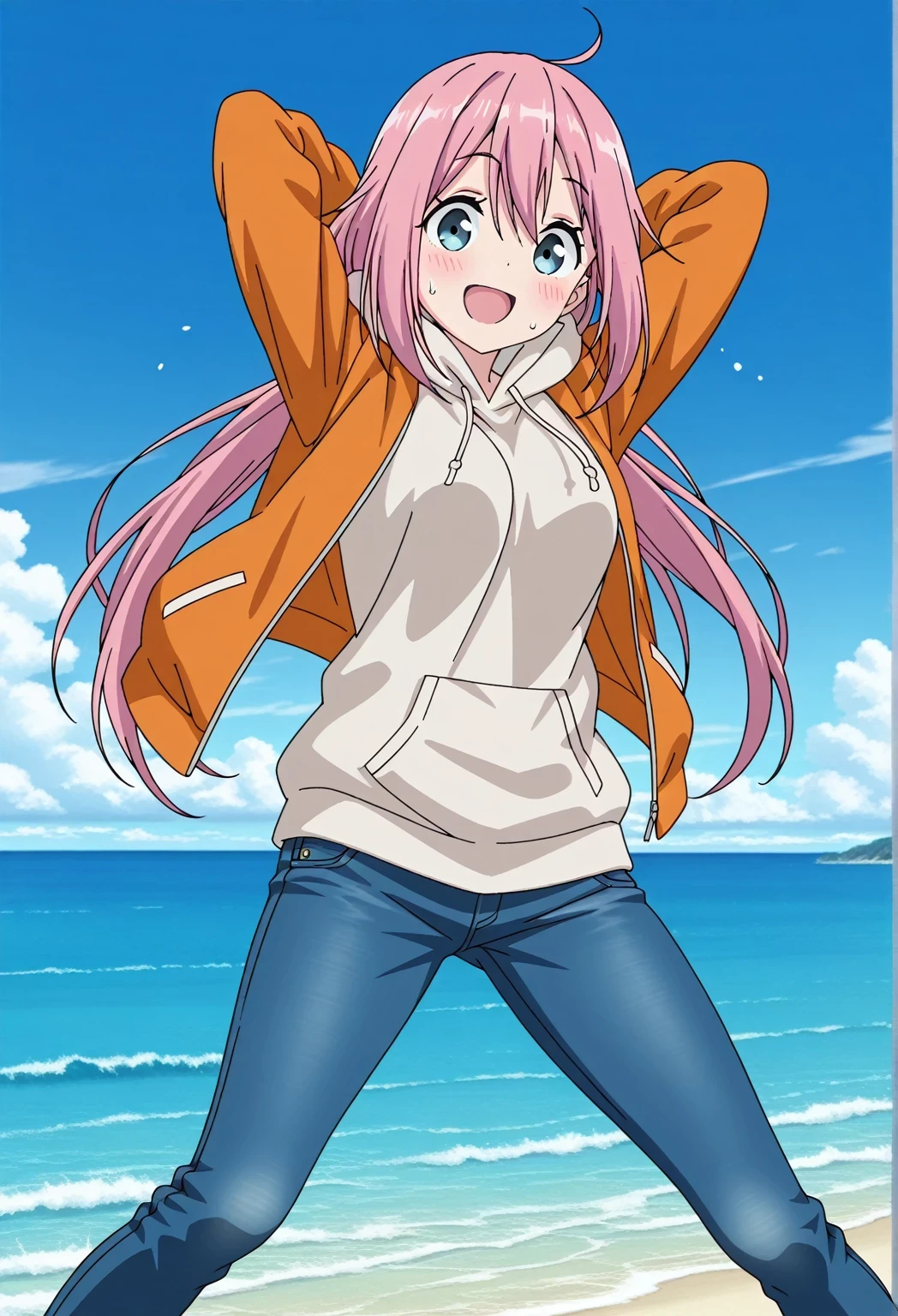 score_9, score_8_up, score_7_up, source_anime, highres, hi res, ((best quality, top quality, perfect quality, Highest Quality, amazing quality)), {{masterpiece}}, {{an extremely delicate and beautiful}}, 2d, intricate details, official style, anime, 8k, anime style, official_anime, official art, digital painting, cell shading, soft shading, high resolution, soothing tones, Subdued Color, Soft cinematic light, adobe lightroom, photolab, HDR, intricately and hyper-detailed, ((high quality animation)), 1 girl, Alone, solo, ((ocean)), tsunami, on the water, day, sunny, outdoors, sky, windy, nadeshiko kagamihara, blue eyes, hair between eyes, long hair, pink hair, ahoge, anime screencap, medium breasts, orange jacket, open jacket, long sleeve, beige hoodie, best quality, hyper-detailed jeans, (blue jeans:1.9)), (dark blue jeans:0.6), full medium body, medium shot, Open mouth, smiling, happy face, blush, sweat, standing, ((arms behind head:6.0)), bowlegged, jumping pose, action, looking at viewer, spread legs, Bend knees slightly, straight-on front view