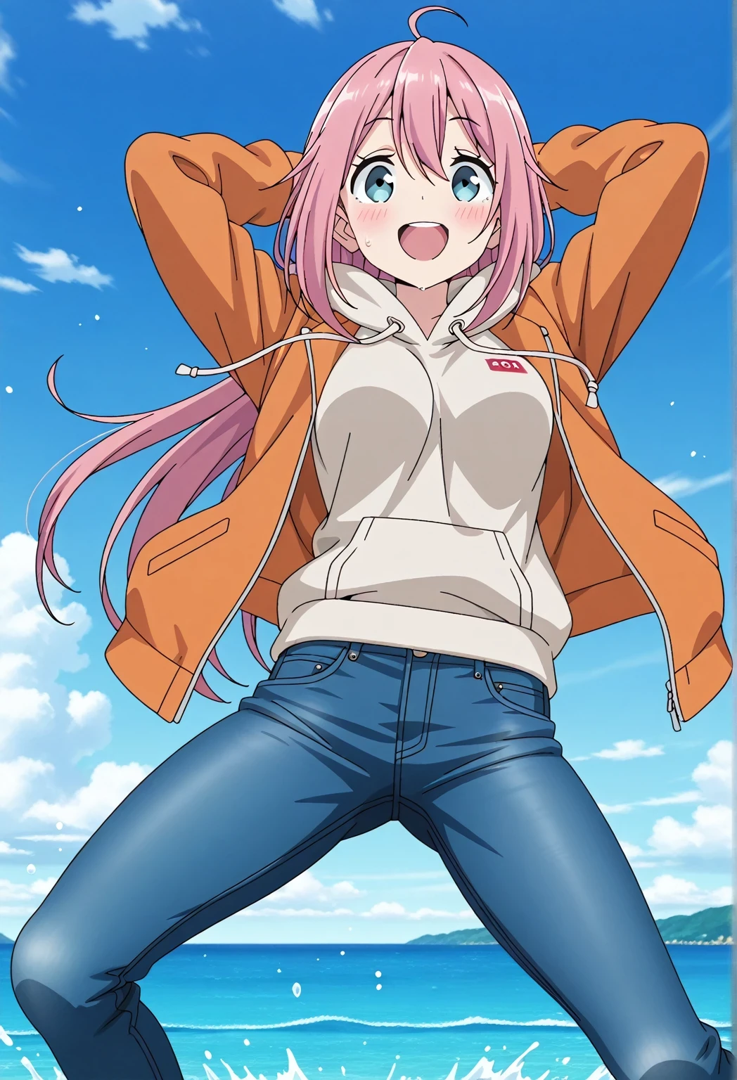 score_9, score_8_up, score_7_up, source_anime, highres, hi res, ((best quality, top quality, perfect quality, Highest Quality, amazing quality)), {{masterpiece}}, {{an extremely delicate and beautiful}}, 2d, intricate details, official style, anime, 8k, anime style, official_anime, official art, digital painting, cell shading, soft shading, high resolution, soothing tones, Subdued Color, Soft cinematic light, adobe lightroom, photolab, HDR, intricately and hyper-detailed, ((high quality animation)), 1 girl, Alone, solo, ((ocean)), tsunami, on the water, day, sunny, outdoors, sky, windy, nadeshiko kagamihara, blue eyes, hair between eyes, long hair, pink hair, ahoge, anime screencap, medium breasts, orange jacket, open jacket, long sleeve, beige hoodie, best quality, hyper-detailed jeans, (blue jeans:1.9)), (dark blue jeans:0.6), full medium body, medium shot, Open mouth, smiling, happy face, blush, sweat, standing, ((arms behind head:6.0)), bowlegged, jumping pose, action, looking at viewer, spread legs, Bend knees slightly, straight-on front view