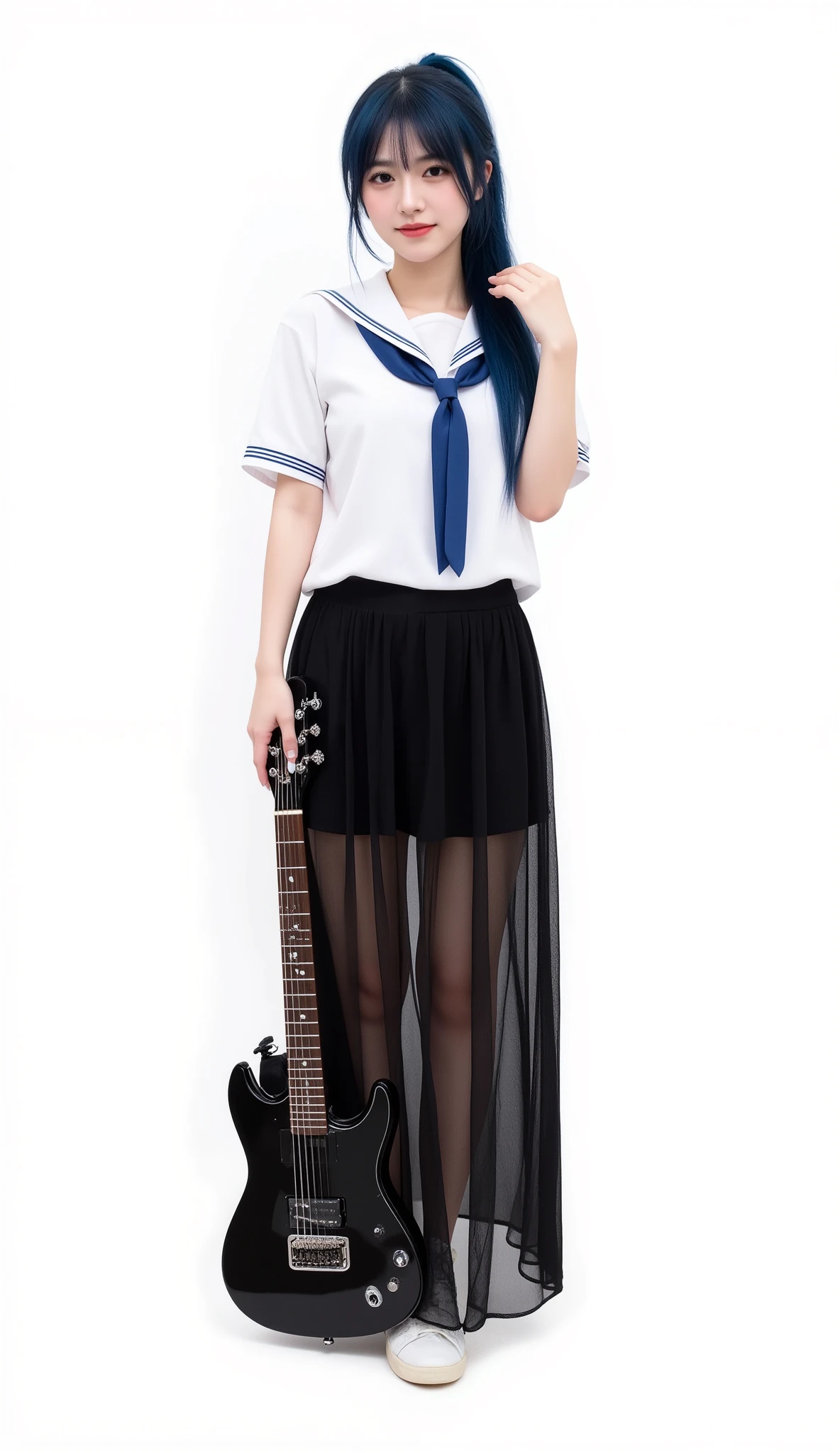 (solo, dark blue haired, ponytail, long hair, beautiful black eyes, full body view, standing with black base guitar ,(sailor suit,white Sailor Collar , short sleeve shirt, blue ribbon tie, see-through black long skirt, pubic hair, , uncensored, white sneakers, shiny skin),(smile), (white background),depth of field, perfect eyes, accurate face,Accurate Fingers,Accurate feet, masterpiece, top quality,Super Detailed, beautiful ,((full body)),