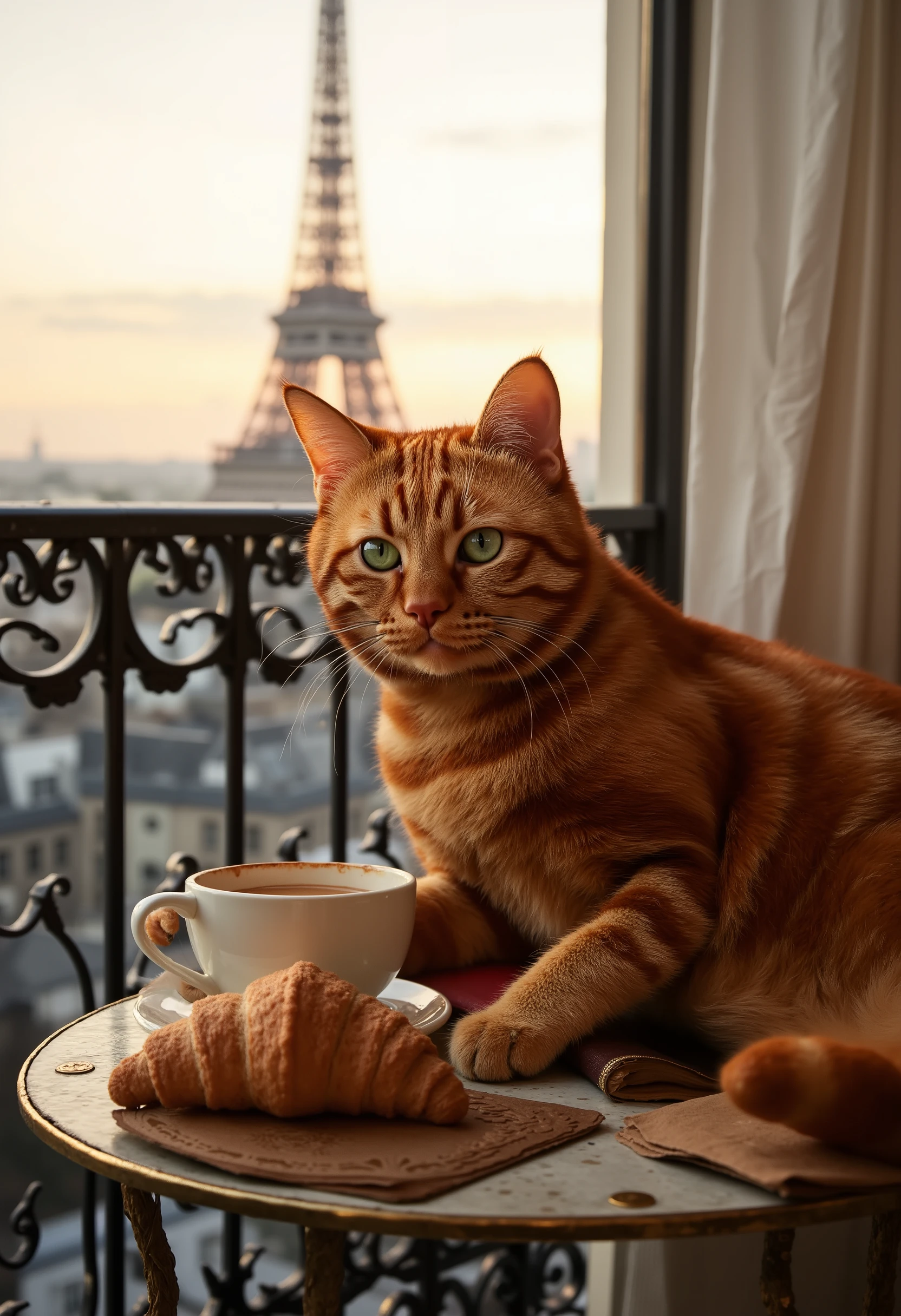 Cover photo for a glossy magazine, a perfect shot. A ginger tabby cat with bright emerald green eyes and an intelligent gaze is sitting on an ornate Parisian-style balcony (French balcony). Behind the cat, a view of the Eiffel Tower and Parisian rooftops during the golden hour. A cup of unfinished coffee and a croissant are on the small table. The cat is resting its paw on a vintage leather-bound book. The atmosphere is cozy, romantic, and elegant. **Shot details and specifications:** - **Style:** Highly detailed photography, shallow depth of field, cinematic lighting. - **Composition:** Rule of thirds, the cat is off-center to the left, the view of the tower is on the right. - **Lighting:** Golden hour, soft warm side lighting, creating long shadows and highlighting the fur's texture. - **Camera & Lens:** Full-frame camera, 85mm portrait lens at f/1.8. - **Settings:** f/1.8, ISO 100, shutter speed 1/200s. - **Render:** Photorealistic, ultra-detailed, sharp focus. - **Atmosphere:** Coziness, Parisian charm, a touch of melancholy.