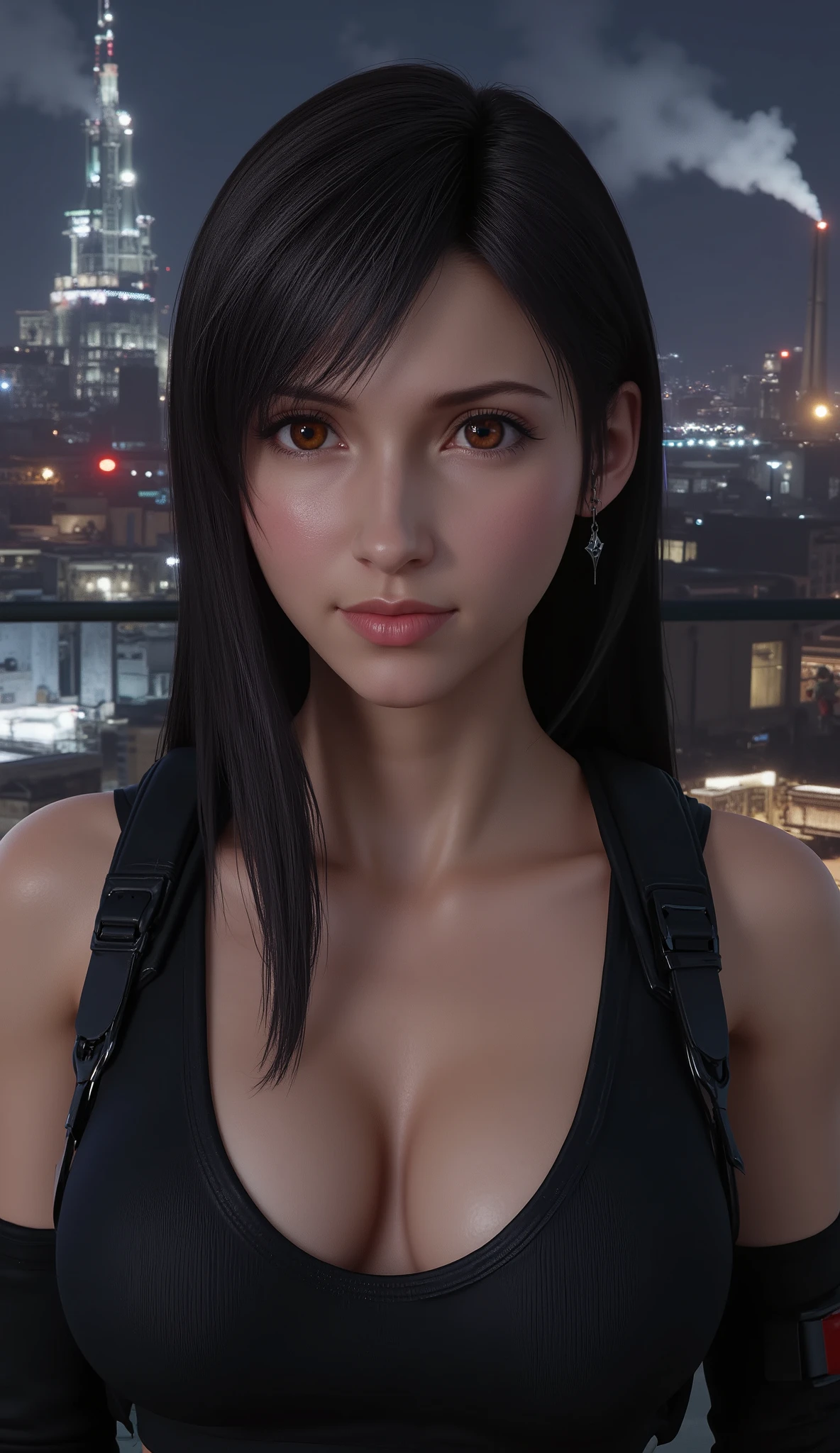 Tifa Lockhart, TifaFFVII, detailed eyes, 1 girl, solo, full body view, front, the girl is very beautiful, beautiful face, anatomically accurate ratio, large breasts, the girl looks into the viewer, beautiful detailed lips, detailed face, complex details, delicate skin, detailed background. Night. The background shows a futuristic cityscape with technological elements. In the center of the composition, there are several tall buildings with smoking chimneys and a metallic structure, creating the impression of a powerful industrial zone. perfect shadow, perfect lighting. (realism: 1.5), (realistic: 1.4), (Absurd:1.4), 8k, Ultra-detailed, detailed beautiful girl, official art, extremely detailed CG unity 8k wallpaper, perfect lighting, colorful, ultra-high resolution, Photography, 8k, HDR, Kodak Porta 400, Grainy film, unblurred background, lens, (bright_Color:1.2), professional photography. The photo should look like a movie poster and be in HD masterpiece, best quality. Perfect shadows, correct lighting,