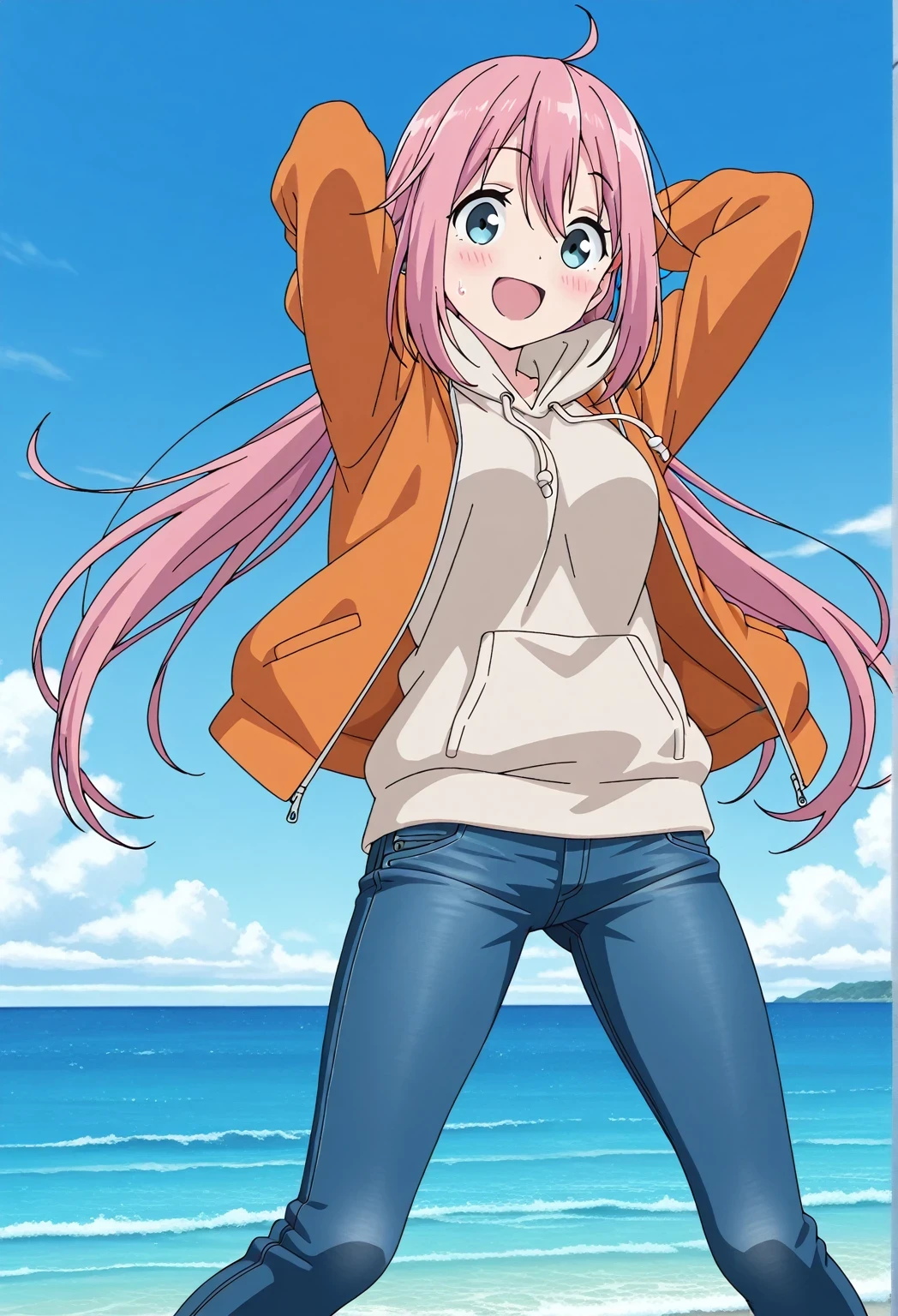 score_9, score_8_up, score_7_up, source_anime, highres, hi res, ((best quality, top quality, perfect quality, Highest Quality, amazing quality)), {{masterpiece}}, {{an extremely delicate and beautiful}}, 2d, intricate details, official style, anime, 8k, anime style, official_anime, official art, digital painting, cell shading, soft shading, high resolution, soothing tones, Subdued Color, Soft cinematic light, adobe lightroom, photolab, HDR, intricately and hyper-detailed, ((high quality animation)), 1 girl, Alone, solo, ((ocean)), tsunami, on the water, day, sunny, outdoors, sky, windy, nadeshiko kagamihara, blue eyes, hair between eyes, long hair, pink hair, ahoge, anime screencap, medium breasts, orange jacket, open jacket, long sleeve, beige hoodie, best quality, hyper-detailed jeans, (blue jeans:1.9)), (dark blue jeans:0.6), full medium body, medium shot, Open mouth, smiling, happy face, blush, sweat, standing, ((arms behind head:6.0)), bowlegged, jumping pose, action, looking at viewer, spread legs, Bend knees slightly, straight-on front view