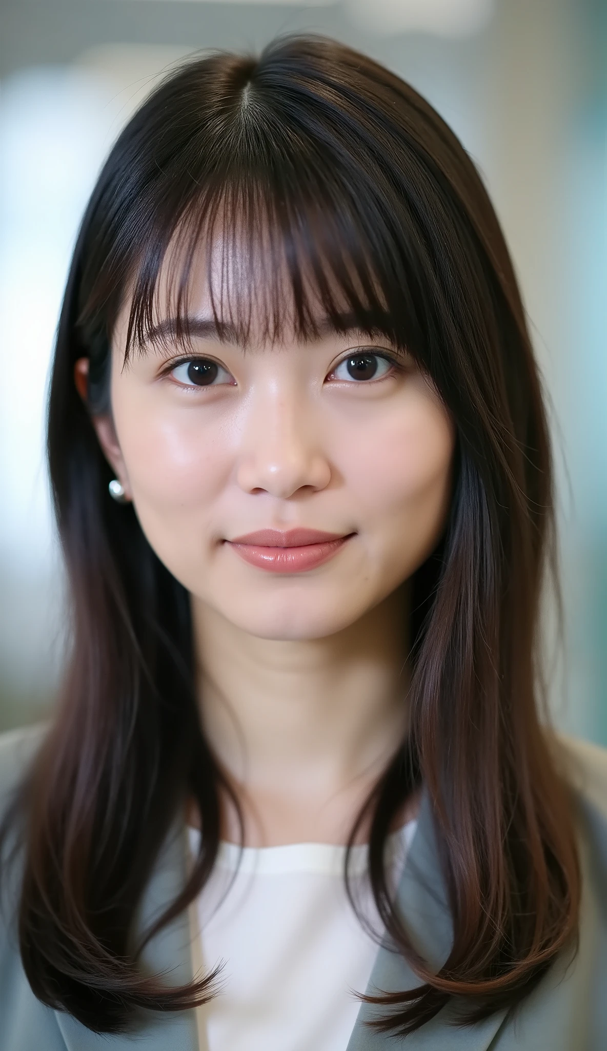 Neat Young Woman、looking at the camera、office lady suit、jacket、shirt、耳にピアス、、黒髪、、虚ろな表情、、、face close-up、The background is office
