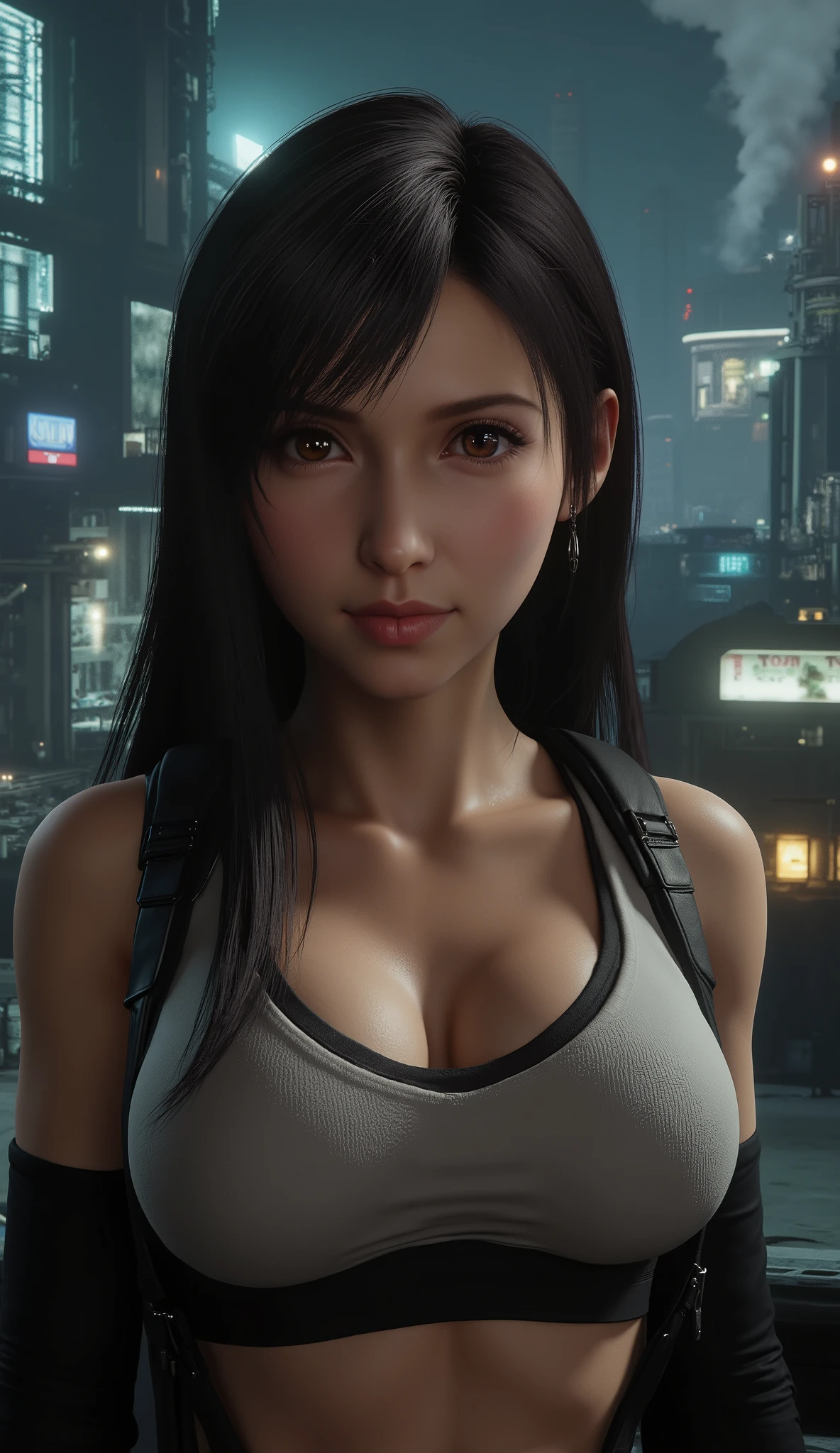 Tifa Lockhart, TifaFFVII, detailed eyes, 1 girl, solo, full body view, front, the girl is very beautiful, beautiful face, anatomically accurate ratio, large breasts, the girl looks into the viewer, beautiful detailed lips, detailed face, complex details, delicate skin, detailed background. Night. The background shows a futuristic cityscape with technological elements. In the center of the composition, there are several tall buildings with smoking chimneys and a metallic structure, creating the impression of a powerful industrial zone. perfect shadow, perfect lighting. (realism: 1.5), (realistic: 1.4), (Absurd:1.4), 8k, Ultra-detailed, detailed beautiful girl, official art, extremely detailed CG unity 8k wallpaper, perfect lighting, colorful, ultra-high resolution, Photography, 8k, HDR, Kodak Porta 400, Grainy film, unblurred background, lens, (bright_Color:1.2), professional photography. The photo should look like a movie poster and be in HD masterpiece, best quality. Perfect shadows, correct lighting,