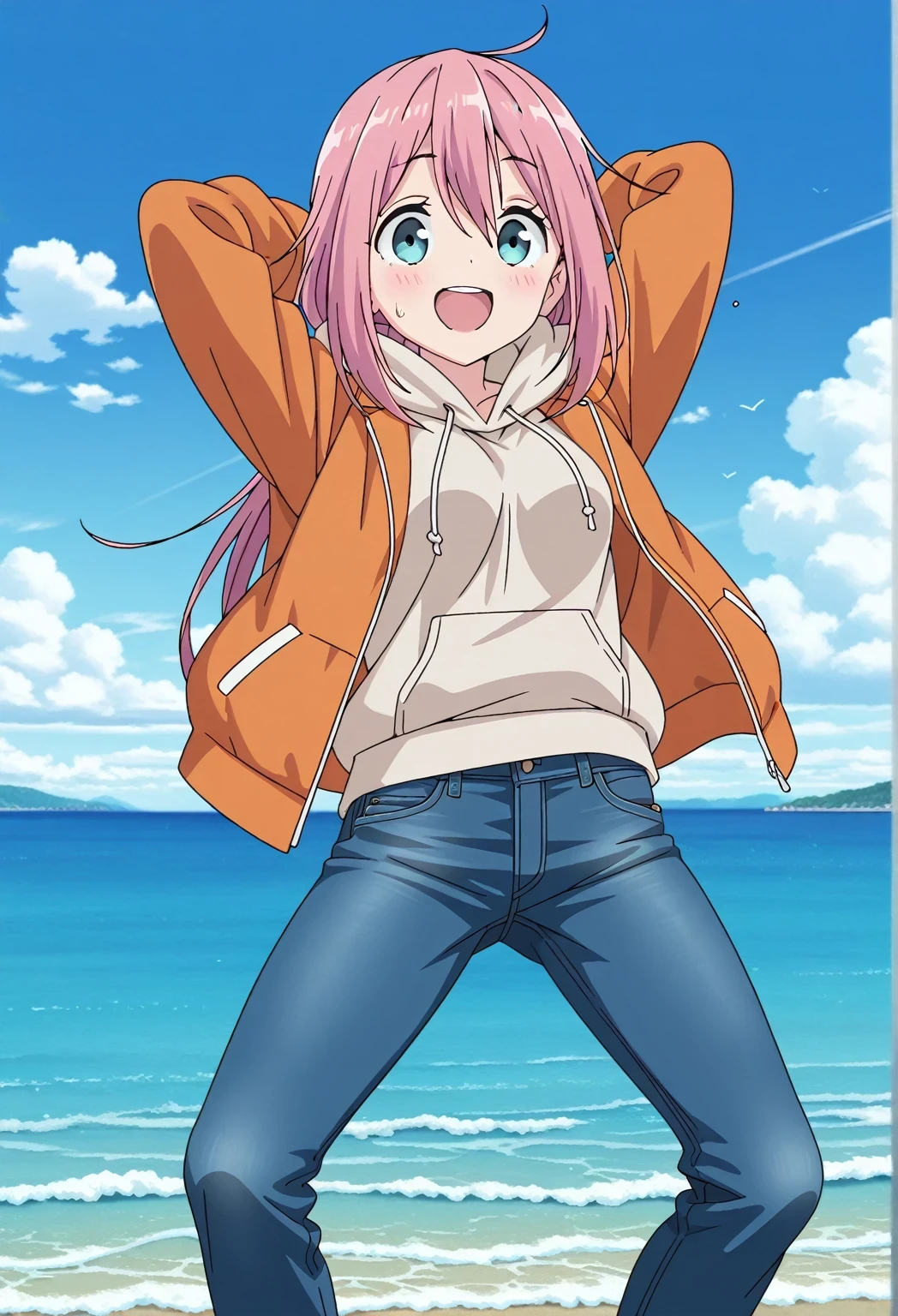 score_9, score_8_up, score_7_up, source_anime, highres, hi res, ((best quality, top quality, perfect quality, Highest Quality, amazing quality)), {{masterpiece}}, {{an extremely delicate and beautiful}}, 2d, intricate details, official style, anime, 8k, anime style, official_anime, official art, digital painting, cell shading, soft shading, high resolution, soothing tones, Subdued Color, Soft cinematic light, adobe lightroom, photolab, HDR, intricately and hyper-detailed, ((high quality animation)), 1 girl, Alone, solo, ((ocean)), tsunami, on the water, day, sunny, outdoors, sky, windy, nadeshiko kagamihara, blue eyes, hair between eyes, long hair, pink hair, ahoge, anime screencap, medium breasts, orange jacket, open jacket, long sleeve, beige hoodie, best quality, hyper-detailed jeans, (blue jeans:1.9)), (dark blue jeans:0.6), full medium body, medium shot, Open mouth, smiling, happy face, blush, sweat, standing, ((arms behind head:6.0)), bowlegged, jumping pose, action, looking at viewer, spread legs, Bend knees slightly, straight-on front view