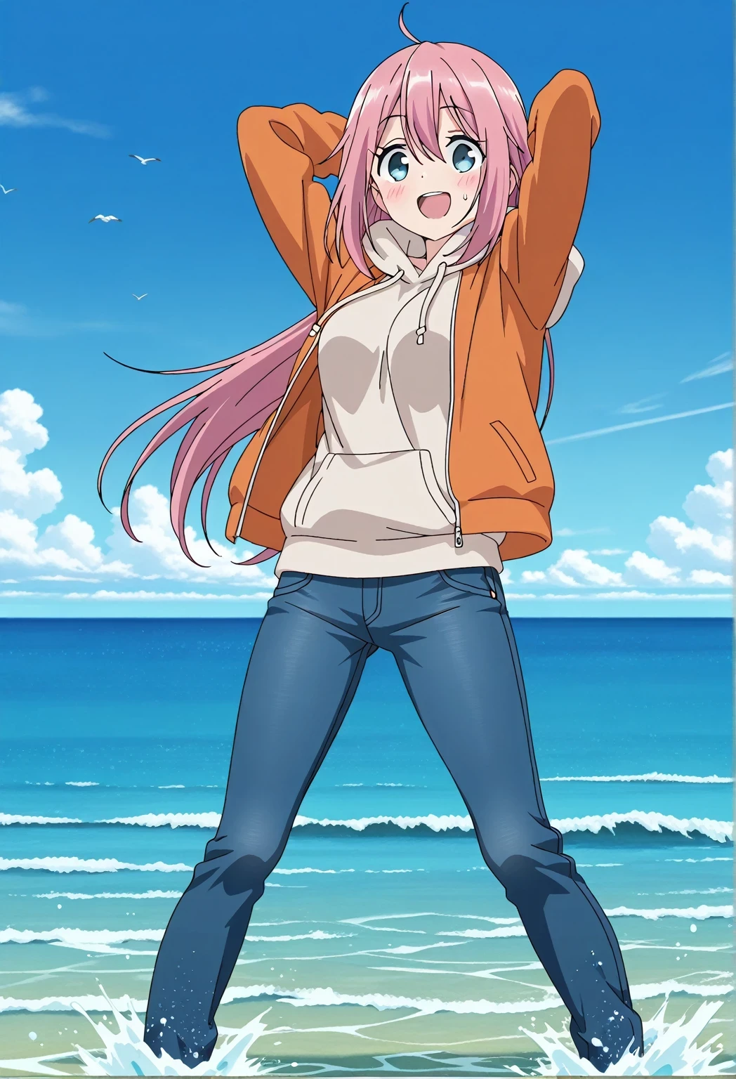 score_9, score_8_up, score_7_up, source_anime, highres, hi res, ((best quality, top quality, perfect quality, Highest Quality, amazing quality)), {{masterpiece}}, {{an extremely delicate and beautiful}}, 2d, intricate details, official style, anime, 8k, anime style, official_anime, official art, digital painting, cell shading, soft shading, high resolution, soothing tones, Subdued Color, Soft cinematic light, adobe lightroom, photolab, HDR, intricately and hyper-detailed, ((high quality animation)), 1 girl, Alone, solo, ((ocean)), tsunami, on the water, day, sunny, outdoors, sky, windy, nadeshiko kagamihara, blue eyes, hair between eyes, long hair, pink hair, ahoge, anime screencap, medium breasts, orange jacket, open jacket, long sleeve, beige hoodie, best quality, hyper-detailed jeans, (blue jeans:1.9)), (dark blue jeans:0.6), full medium body, medium shot, Open mouth, smiling, happy face, blush, sweat, standing, ((arms behind head:6.0)), bowlegged, jumping pose, action, looking at viewer, spread legs, Bend knees slightly, straight-on front view