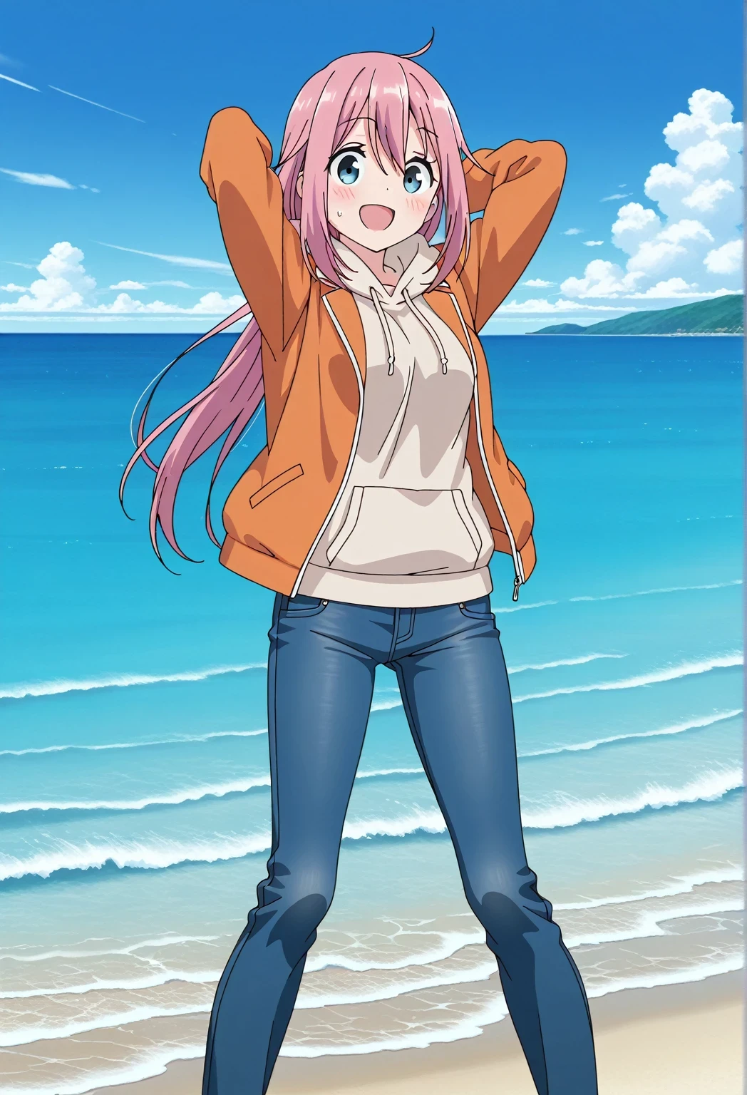 score_9, score_8_up, score_7_up, source_anime, highres, hi res, ((best quality, top quality, perfect quality, Highest Quality, amazing quality)), {{masterpiece}}, {{an extremely delicate and beautiful}}, 2d, intricate details, official style, anime, 8k, anime style, official_anime, official art, digital painting, cell shading, soft shading, high resolution, soothing tones, Subdued Color, Soft cinematic light, adobe lightroom, photolab, HDR, intricately and hyper-detailed, ((high quality animation)), 1 girl, Alone, solo, ((ocean)), tsunami, on the water, day, sunny, outdoors, sky, windy, nadeshiko kagamihara, blue eyes, hair between eyes, long hair, pink hair, ahoge, anime screencap, medium breasts, orange jacket, open jacket, long sleeve, beige hoodie, best quality, hyper-detailed jeans, (blue jeans:1.9)), (dark blue jeans:0.6), full medium body, medium shot, Open mouth, smiling, happy face, blush, sweat, standing, ((arms behind head:6.0)), bowlegged, jumping pose, action, looking at viewer, spread legs, Bend knees slightly, straight-on front view