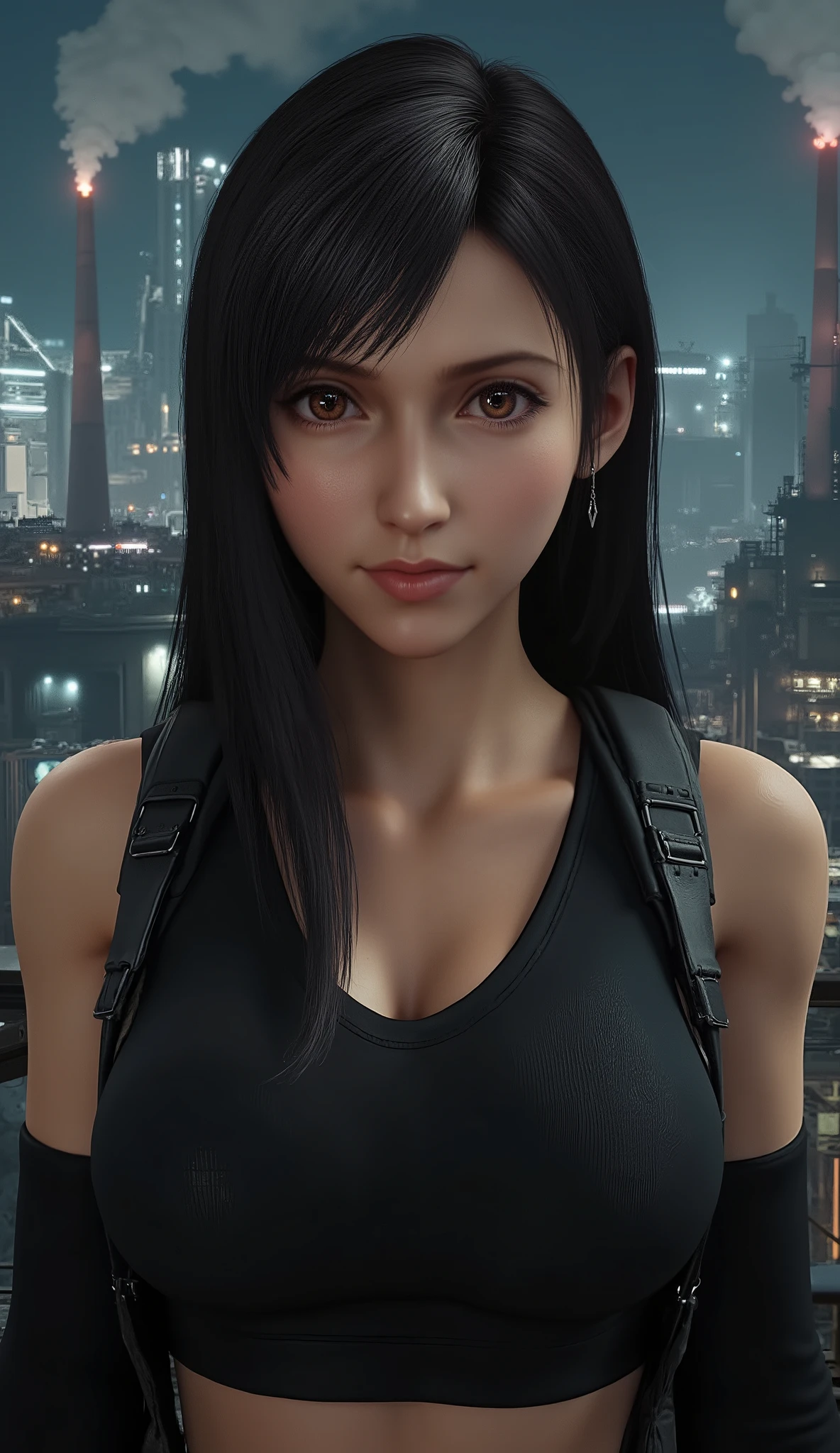 Tifa Lockhart, TifaFFVII, detailed eyes, 1 girl, solo, full body view, front, the girl is very beautiful, beautiful face, anatomically accurate ratio, large breasts, the girl looks into the viewer, beautiful detailed lips, detailed face, complex details, delicate skin, detailed background. Night. The background shows a futuristic cityscape with technological elements. In the center of the composition, there are several tall buildings with smoking chimneys and a metallic structure, creating the impression of a powerful industrial zone. perfect shadow, perfect lighting. (realism: 1.5), (realistic: 1.4), (Absurd:1.4), 8k, Ultra-detailed, detailed beautiful girl, official art, extremely detailed CG unity 8k wallpaper, perfect lighting, colorful, ultra-high resolution, Photography, 8k, HDR, Kodak Porta 400, Grainy film, unblurred background, lens, (bright_Color:1.2), professional photography. The photo should look like a movie poster and be in HD masterpiece, best quality. Perfect shadows, correct lighting,