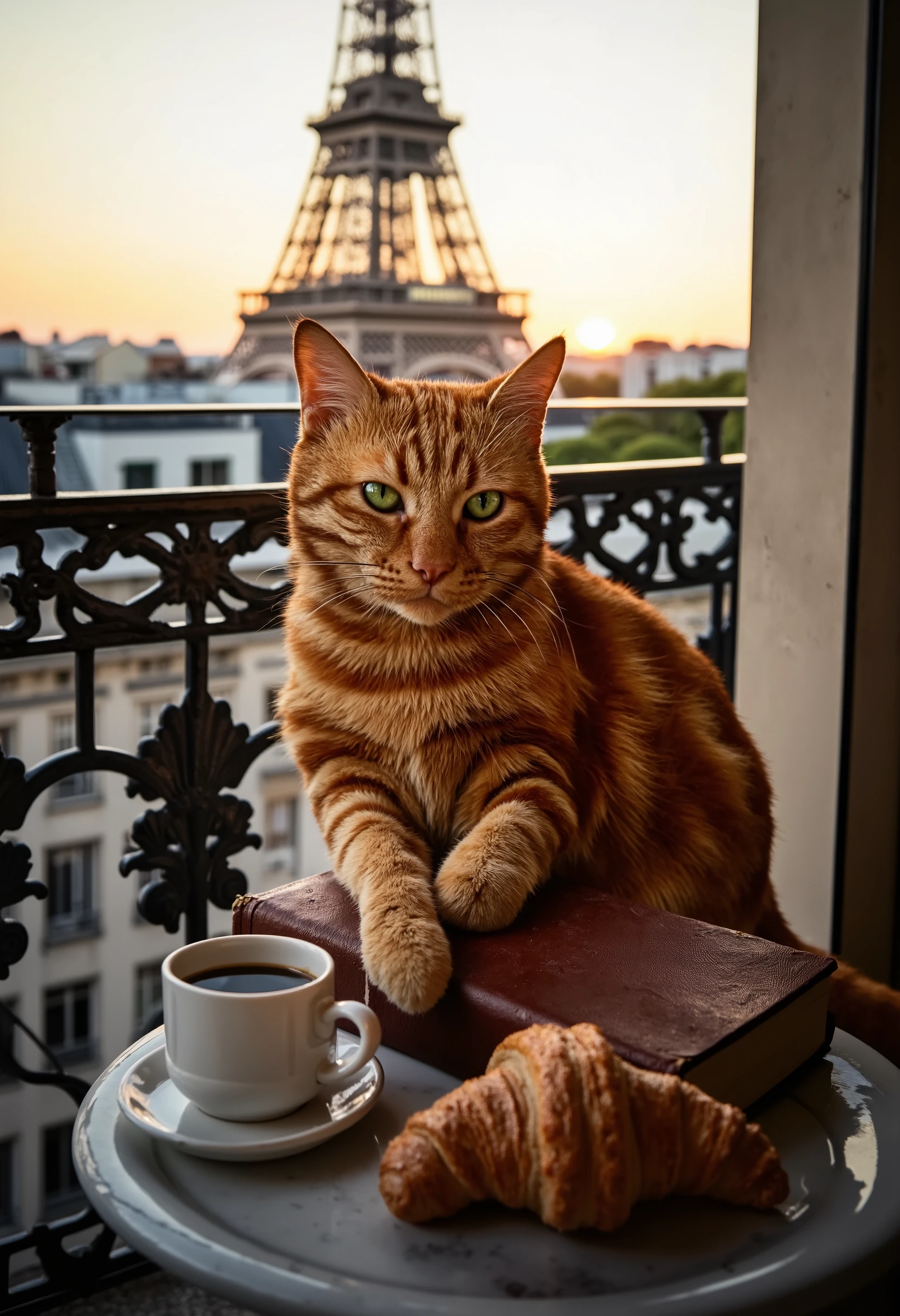 Cover photo for a glossy magazine, a perfect shot. A ginger tabby cat with bright emerald green eyes and an intelligent gaze is sitting on an ornate Parisian-style balcony (French balcony). Behind the cat, a view of the Eiffel Tower and Parisian rooftops during the golden hour. A cup of unfinished coffee and a croissant are on the small table. The cat is resting its paw on a vintage leather-bound book. The atmosphere is cozy, romantic, and elegant. **Shot details and specifications:** - **Style:** Highly detailed photography, shallow depth of field, cinematic lighting. - **Composition:** Rule of thirds, the cat is off-center to the left, the view of the tower is on the right. - **Lighting:** Golden hour, soft warm side lighting, creating long shadows and highlighting the fur's texture. - **Camera & Lens:** Full-frame camera, 85mm portrait lens at f/1.8. - **Settings:** f/1.8, ISO 100, shutter speed 1/200s. - **Render:** Photorealistic, ultra-detailed, sharp focus. - **Atmosphere:** Coziness, Parisian charm, a touch of melancholy.