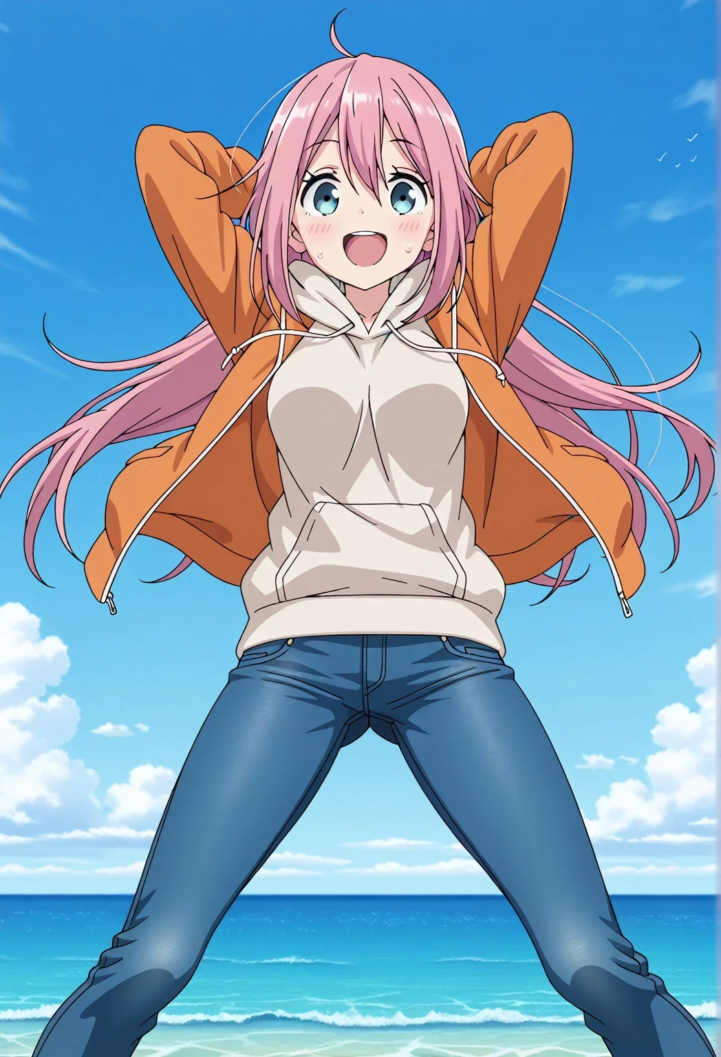 score_9, score_8_up, score_7_up, source_anime, highres, hi res, ((best quality, top quality, perfect quality, Highest Quality, amazing quality)), {{masterpiece}}, {{an extremely delicate and beautiful}}, 2d, intricate details, official style, anime, 8k, anime style, official_anime, official art, digital painting, cell shading, soft shading, high resolution, soothing tones, Subdued Color, Soft cinematic light, adobe lightroom, photolab, HDR, intricately and hyper-detailed, ((high quality animation)), 1 girl, Alone, solo, ((ocean)), tsunami, on the water, day, sunny, outdoors, sky, windy, nadeshiko kagamihara, blue eyes, hair between eyes, long hair, pink hair, ahoge, anime screencap, medium breasts, orange jacket, open jacket, long sleeve, beige hoodie, best quality, hyper-detailed jeans, (blue jeans:1.9)), (dark blue jeans:0.6), full medium body, medium shot, Open mouth, smiling, happy face, blush, sweat, standing, ((arms behind head:6.0)), bowlegged, sliding pose, action, looking at viewer, spread legs, Bend knees slightly, straight-on front view