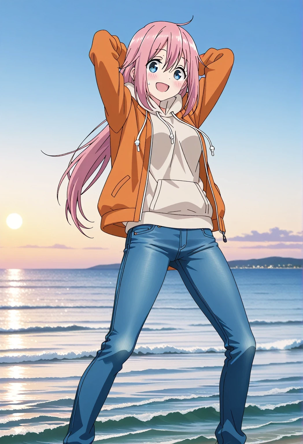 score_9, score_8_up, score_7_up, source_anime, highres, hi res, ((best quality, top quality, perfect quality, Highest Quality, amazing quality)), {{masterpiece}}, {{an extremely delicate and beautiful}}, 2d, intricate details, official style, anime, 8k, anime style, official_anime, official art, digital painting, cell shading, soft shading, high resolution, soothing tones, Subdued Color, Soft cinematic light, adobe lightroom, photolab, HDR, intricately and hyper-detailed, ((high quality animation)), 1 girl, Alone, solo, ((ocean)), tsunami, on the water, day, sunny, outdoors, sky, windy, nadeshiko kagamihara, blue eyes, hair between eyes, long hair, pink hair, ahoge, anime screencap, medium breasts, orange jacket, open jacket, long sleeve, beige hoodie, best quality, hyper-detailed jeans, (blue jeans:1.9)), (dark blue jeans:0.6), full medium body, medium shot, Open mouth, smiling, happy face, blush, sweat, standing, ((arms behind head:6.0)), bowlegged, sliding pose, action, looking at viewer, spread legs, Bend knees slightly, straight-on front view
