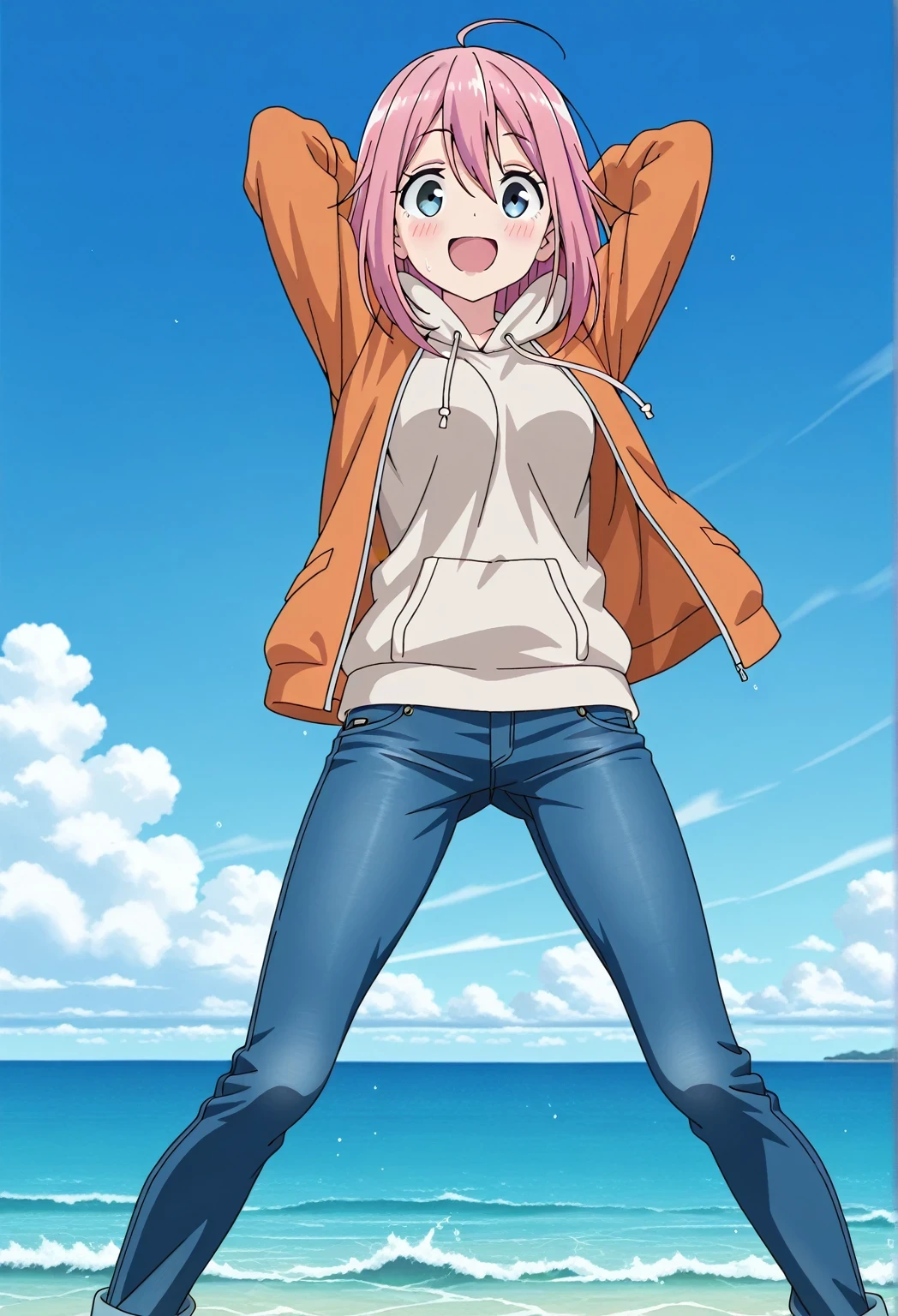 score_9, score_8_up, score_7_up, source_anime, highres, hi res, ((best quality, top quality, perfect quality, Highest Quality, amazing quality)), {{masterpiece}}, {{an extremely delicate and beautiful}}, 2d, intricate details, official style, anime, 8k, anime style, official_anime, official art, digital painting, cell shading, soft shading, high resolution, soothing tones, Subdued Color, Soft cinematic light, adobe lightroom, photolab, HDR, intricately and hyper-detailed, ((high quality animation)), 1 girl, Alone, solo, ((ocean)), tsunami, on the water, day, sunny, outdoors, sky, windy, nadeshiko kagamihara, blue eyes, hair between eyes, long hair, pink hair, ahoge, anime screencap, medium breasts, orange jacket, open jacket, long sleeve, beige hoodie, best quality, hyper-detailed jeans, (blue jeans:1.9)), (dark blue jeans:0.6), full medium body, medium shot, Open mouth, smiling, happy face, blush, sweat, standing, ((arms behind head:6.0)), bowlegged, jumping pose, action, looking at viewer, spread legs, Bend knees slightly, straight-on front view
