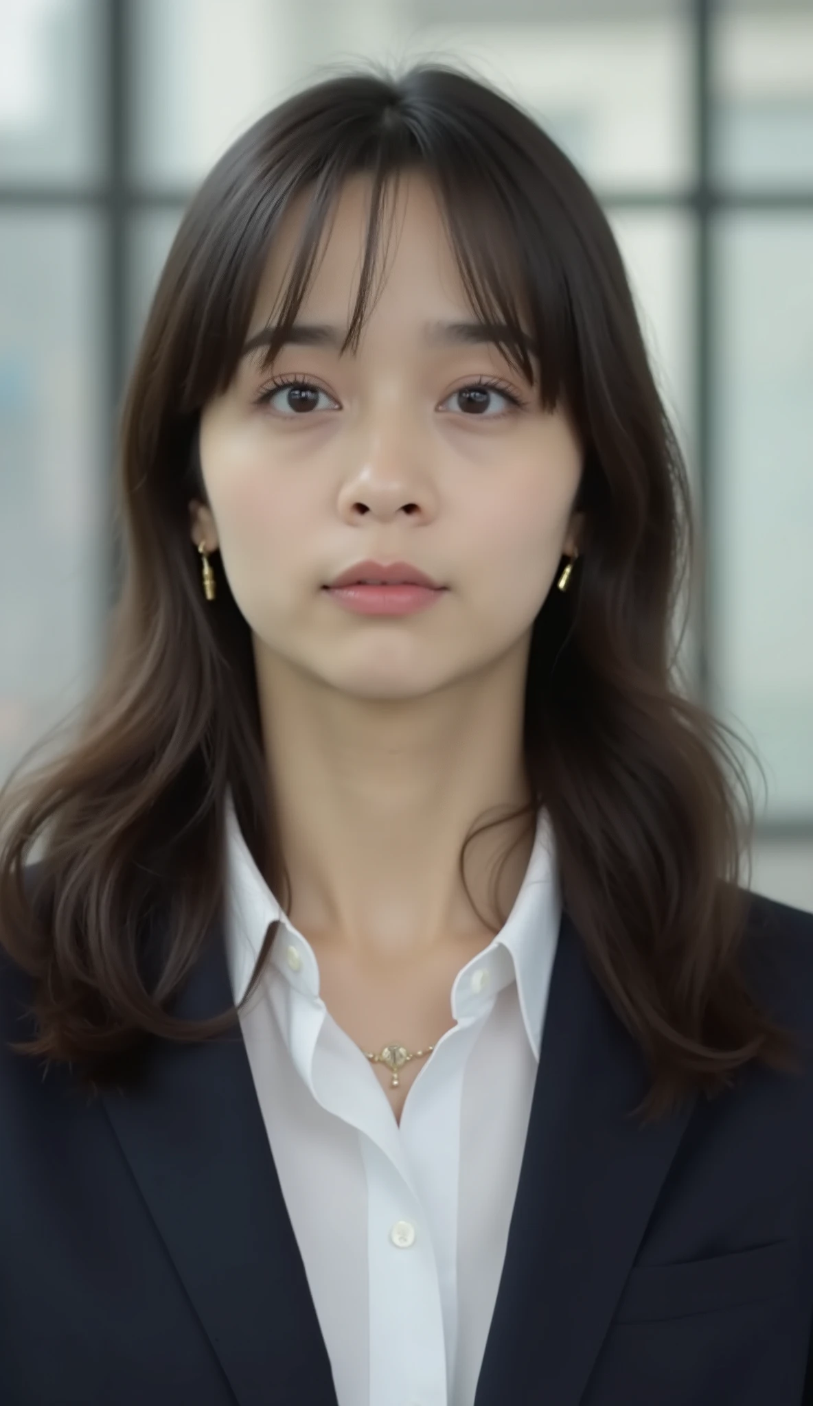 Neat Young Woman、looking at the camera、office lady suit、jacket、shirt、耳にピアス、、、歯を見せた笑顔、、、face close-up、The background is office