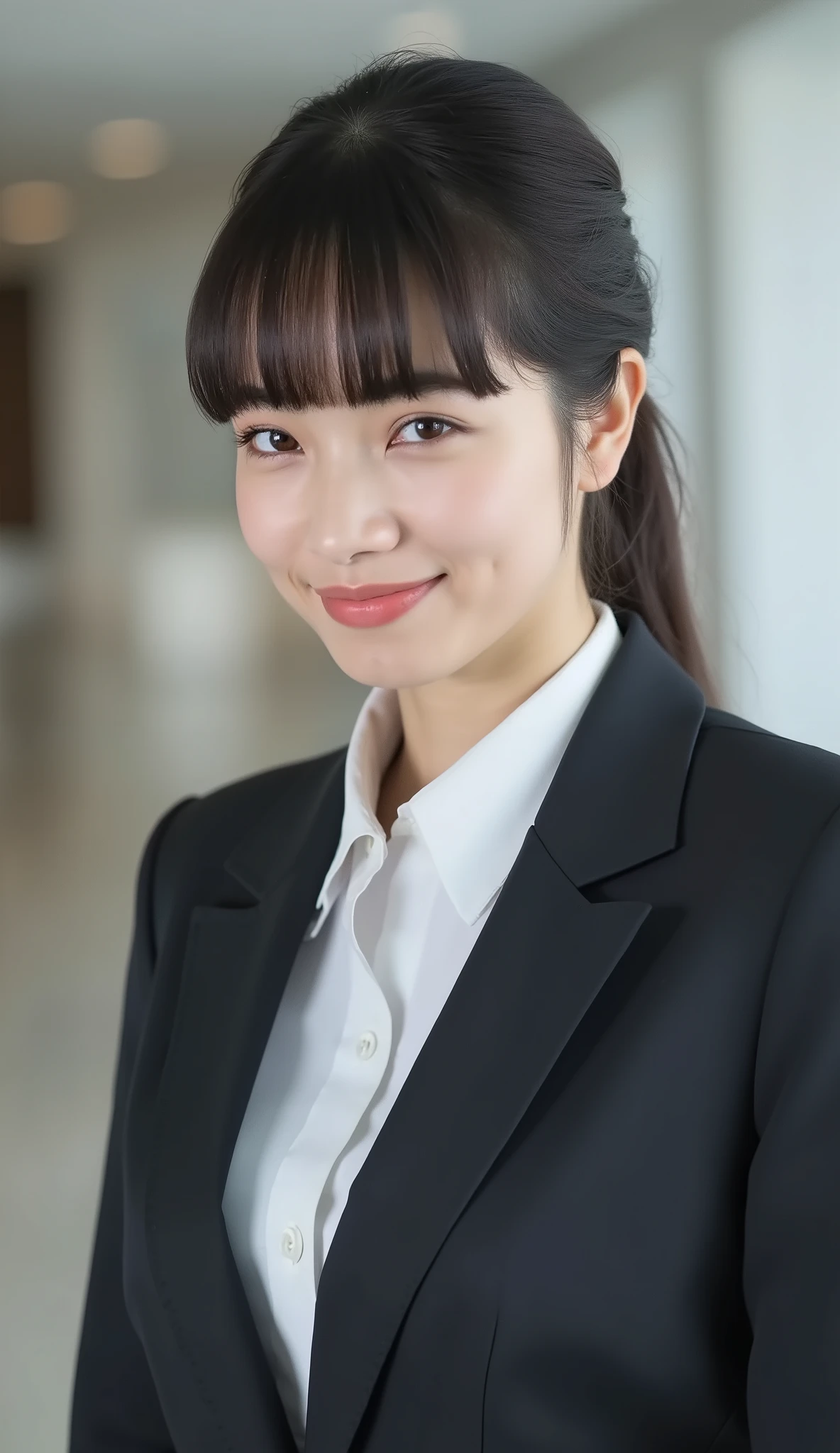 Neat Young Woman、looking at the camera、office lady suit、jacket、shirt、耳にピアス、、、歯を見せた笑顔、、、face close-up、The background is office
