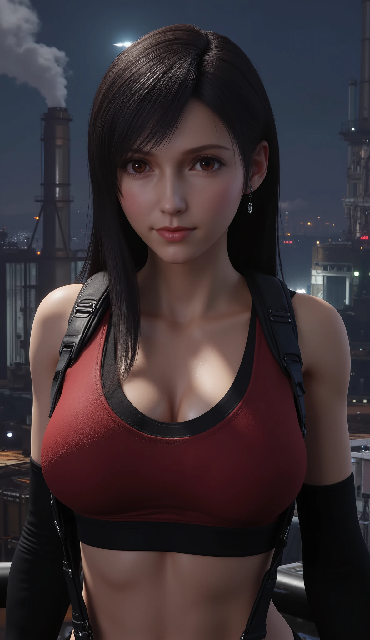 TifaFFVII, Tifa Lockhart, detailed eyes, 1 girl, solo, full body view, front, the girl is very beautiful, beautiful face, anatomically accurate proportions, big breasts, the girl is standing in elegant pose, the girl is looking at the viewer, beautiful detailed lips, detailed face, complex details, delicate skin, detailed background. night. In the background, there is a futuristic cityscape with technological elements. In the center of the composition, there are several tall buildings with smoking chimneys and a metal structure, creating the impression of a powerful industrial area. perfect shadow, perfect lighting. (realism: 1.5), (realistic: 1.4), (absurd:1.4), 8k, ultra-detailed, detailed beautiful girl, official art, extremely detailed CG unity 8k wallpaper, perfect lighting, colorful, ultra-high resolution, Photography, 8k, HDR, kodak porta 400, grainy film, unblurred background, Link, (bright_Color:1.2), professional photography. The photo should look like a movie poster and be in HD quality.
