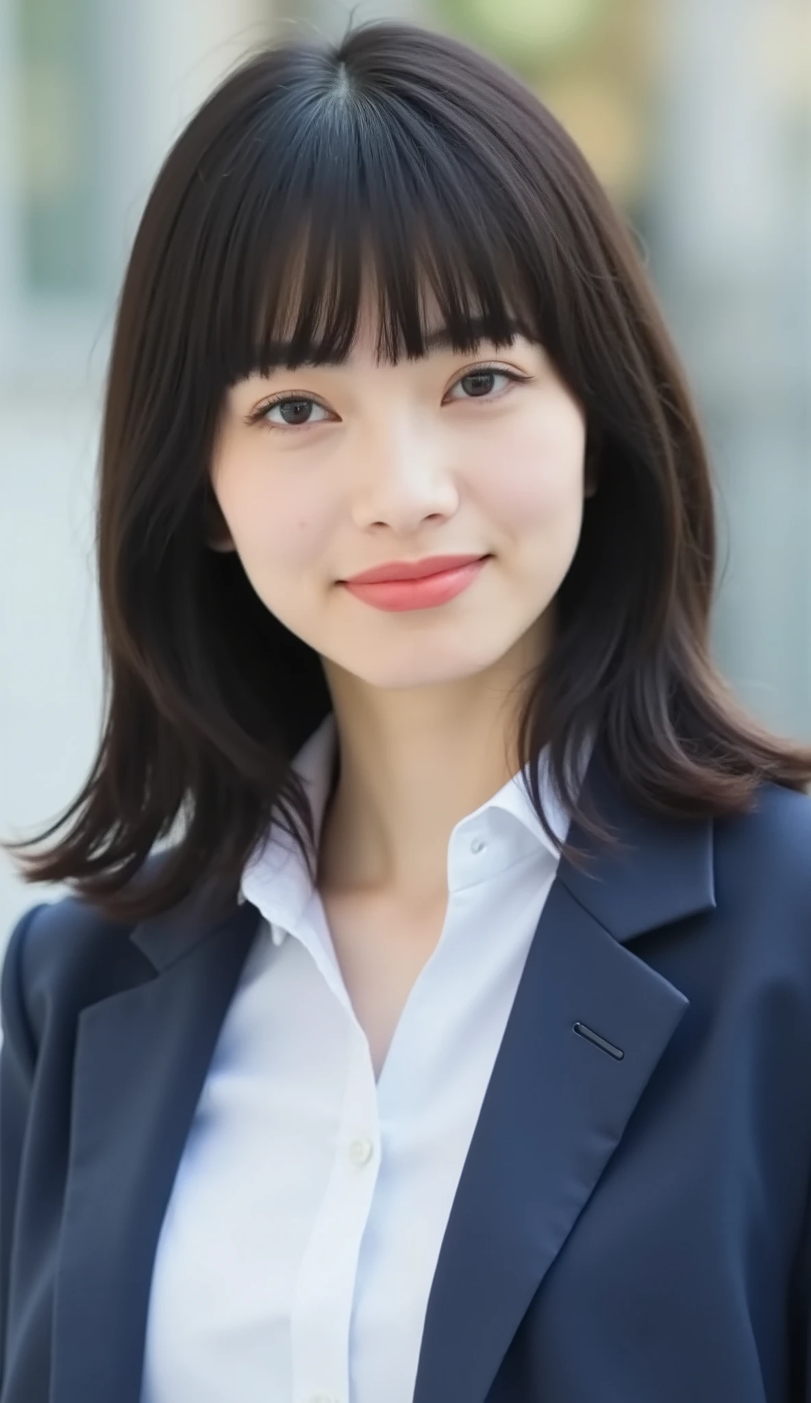 Neat Young Woman、looking at the camera、office lady suit、jacket、shirt、耳にピアス、、、歯を見せた笑顔、、、face close-up、The background is office

