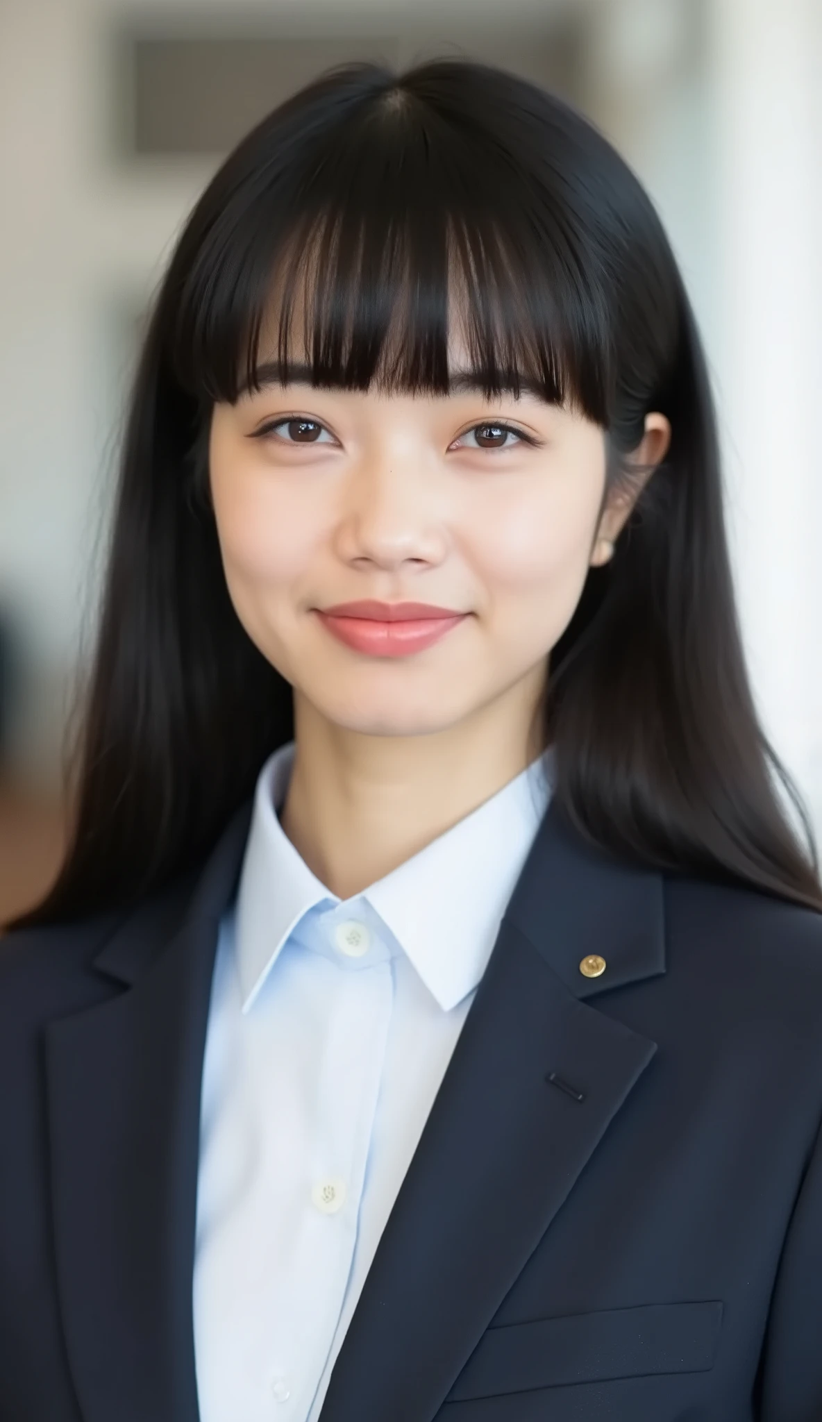 Neat Young Woman、looking at the camera、office lady suit、jacket、shirt、耳にピアス、、、歯を見せた笑顔、満面の笑み、、、face close-up、The background is office
