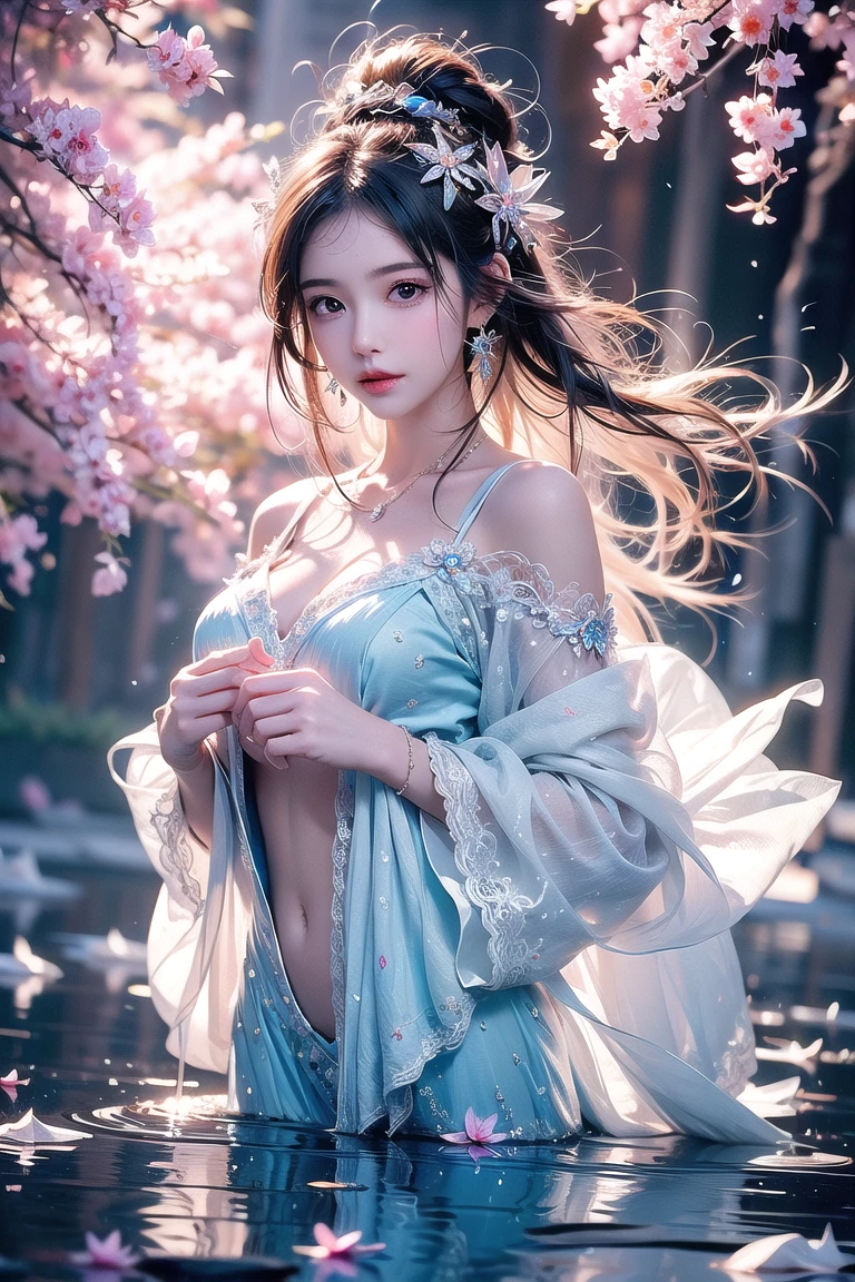 loose outfit、Show shoulders、How to wear a gown with a broken see-through halter neck、Decorated with intricate patterns and bright colors、Transparent material that makes the skin shine、Artistic depiction of seductive woman in gown with wet thin cloth and transparent skin, Floral and fantastic pattern with flowing silky traditional see-through skin。Her dress draped elegantly around her curvaceous figure、Emphasizes her charming silhouette。She's a gentle fireworks night、Dynamic Posing、Sexy Posing、bathed in the soft glow of moonlight。The scene is、With a hint of mystery and sensuality、It exudes an ethereal dreamy atmosphere。The image style is、Incorporates a blend of watercolor and digital illustration techniques.、It makes you feel delicate beauty and charm。Soft moonlit lighting、Cast gentle highlights and shadows on her mesmerizing features。Dynamic Posing、Bold poses、The hand is somewhere、see -through、show through、A sexy、Wet hair、Wet、cherry trees、flower petals、cherryblossom、The cherry tree、Sakura blizzard、buried、Transparent skin、Wet clothes、Chest Pulling、Translucent clothes、On the water、