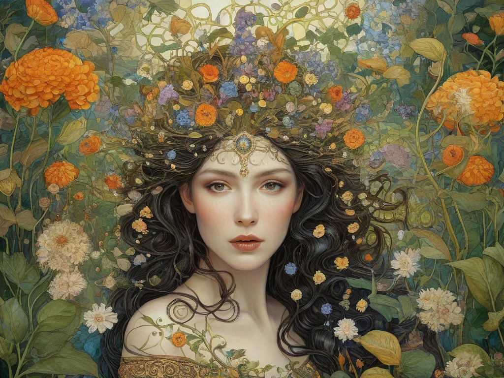 a beautiful goddess isis, egyptian goddess, alphonse mucha style, detailed crown, queenie gesture, ornate headdress, flowing robes, golden skin, piercing eyes, intricate details, ethereal lighting, dreamlike atmosphere, vibrant colors, dramatic pose, masterpiece, 8k, ultra-detailed, photorealistic, cinematic, glowing aura