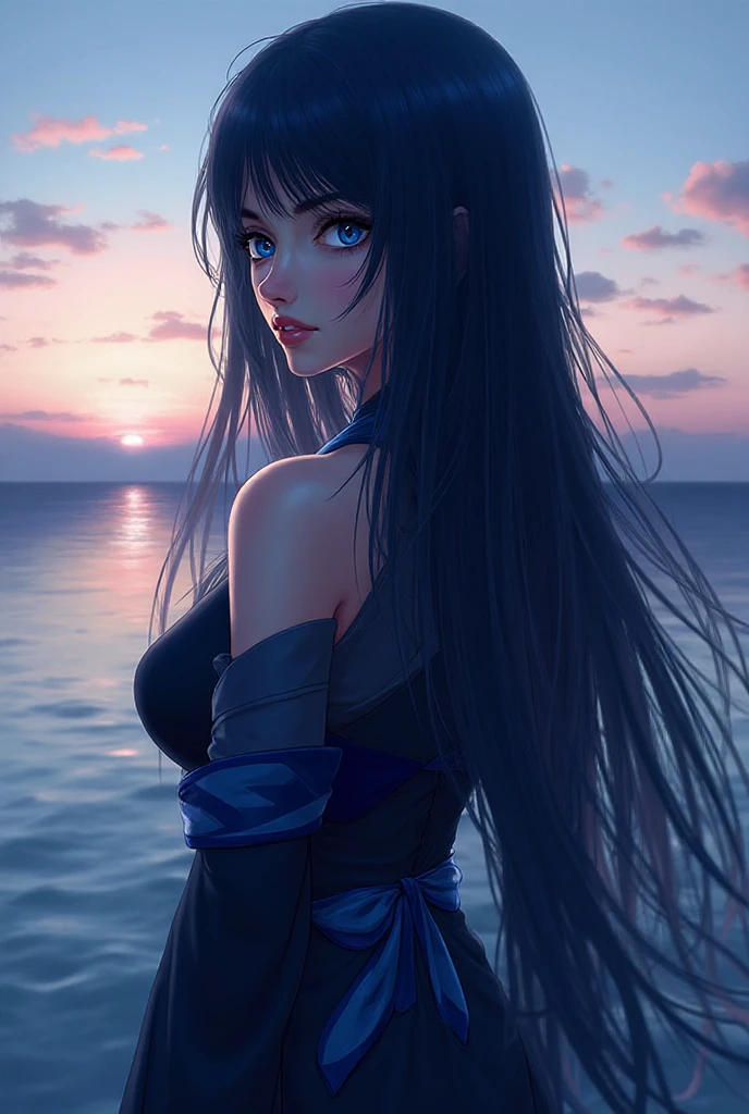 1girl, solo, wlop,
Black hair, gradient eyes, black cloak,  smile, 
beach, sunset, 
masterpiece, best quality,