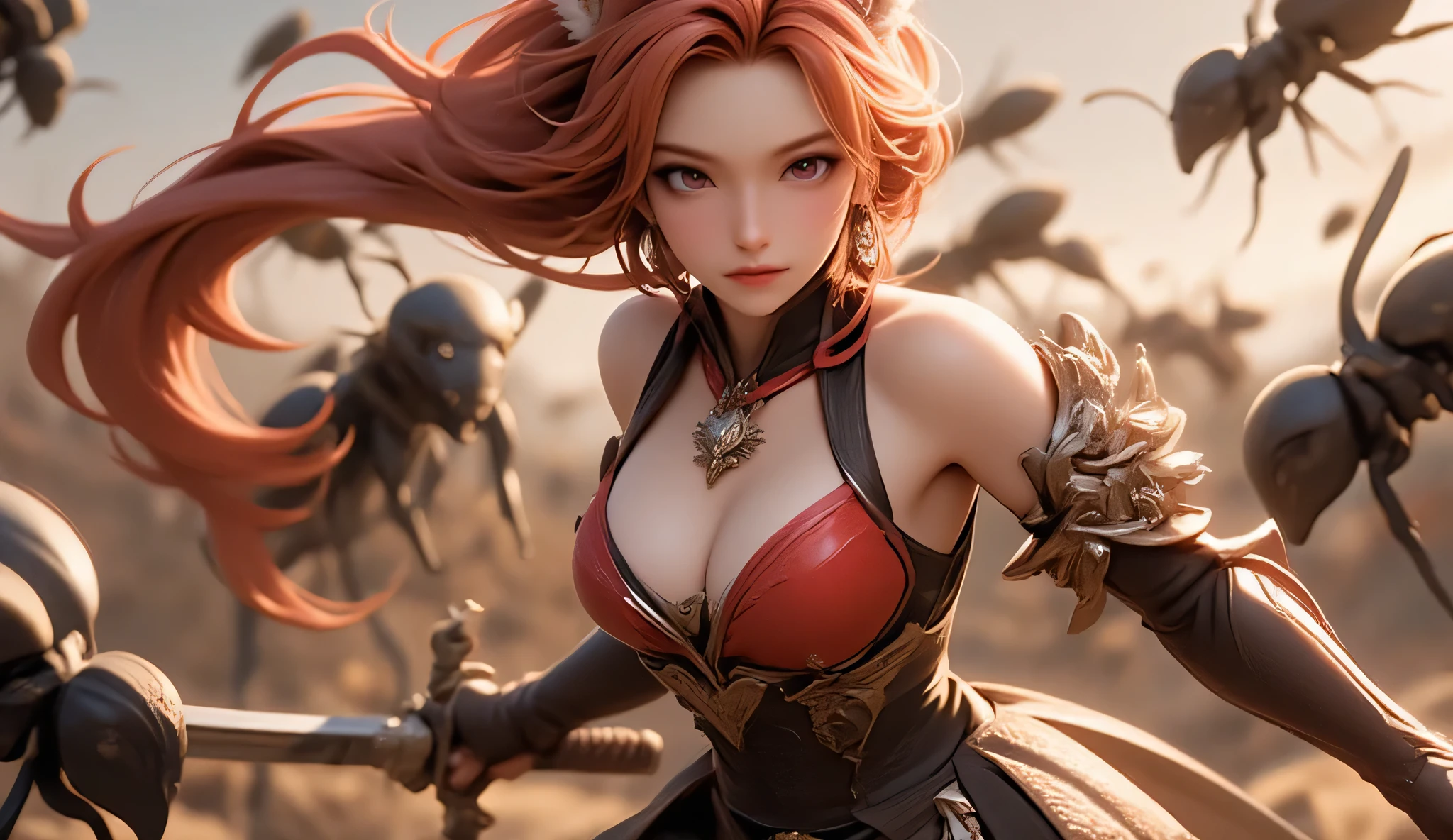 masterpiece, best quality, ultra-detailed, anime style, heroic male human and red panda, half human and half red panda, Foxian, standing bravely against a massive swarm of ants, epic battle scene, strong and determined expression, wind blowing through her hair, sword in hand, dramatic lighting, backlight, insects charging from the distance, ground shaking, cinematic perspective, low angle view, intense atmosphere, fantasy battlefield, 2D anime illustration, cel-shading, bold outlines/sexy, deep cleavage, off-shoulder armor