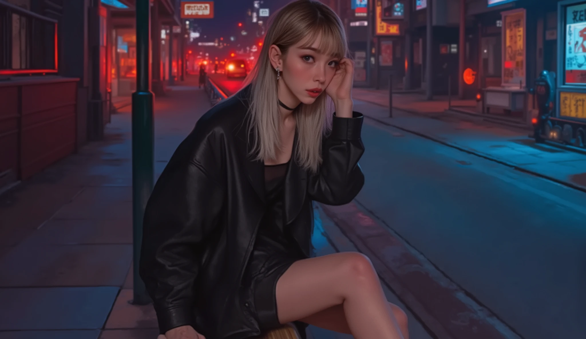 ((Highest quality、Meisterwerk、high sensitivity、high resolution、detailed presentation、Delicate face、FWert:6.0),((schlanke Frau、Brille tragend)),advanced digital art、Leather dress with slit、Pin ganz、Make-up:(light blue eye shadow、rosa Rouge、Orange Wange),Neonstraße、Sit cross-legged on a sidewalk railing、Bring me a wine bottle、