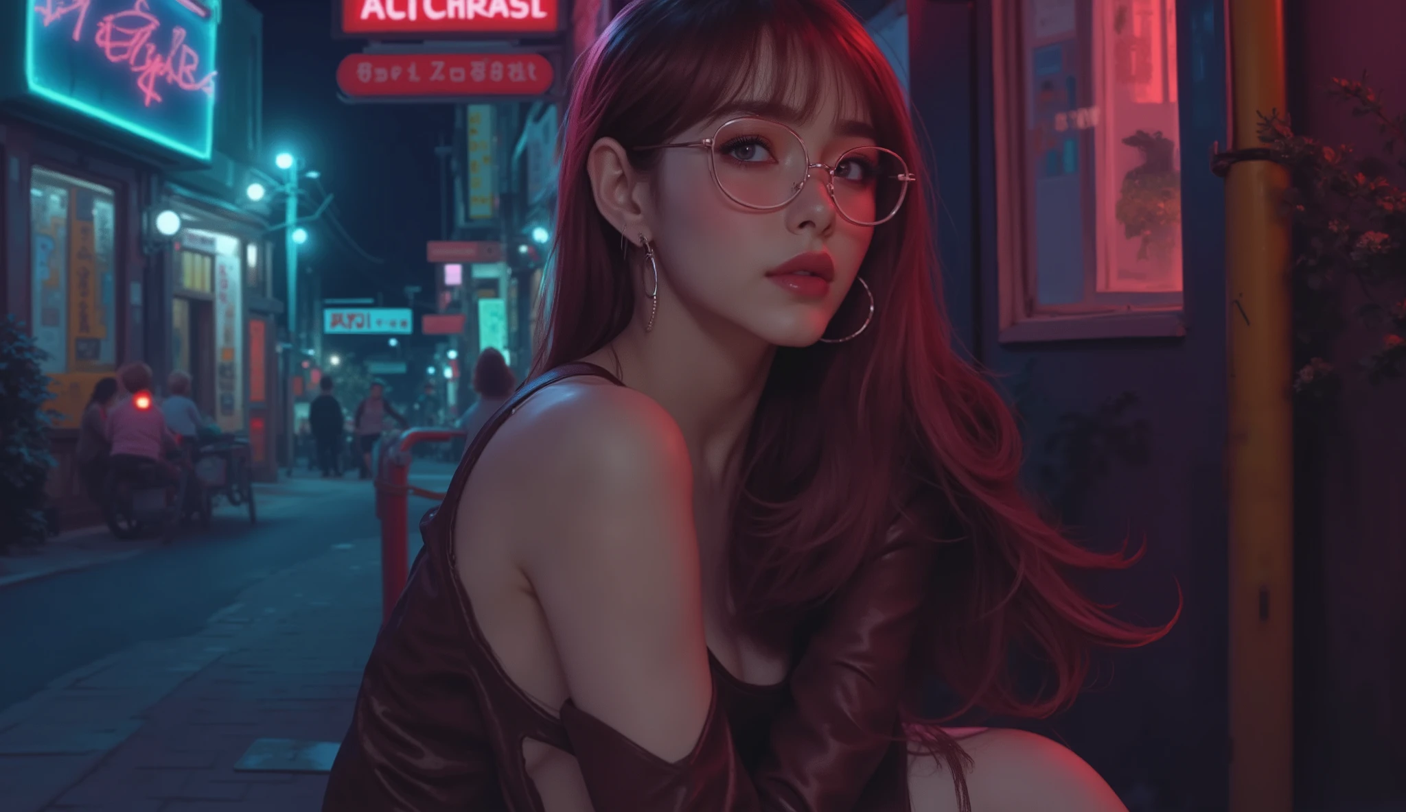 ((Highest quality、Meisterwerk、high sensitivity、high resolution、detailed presentation、Delicate face、FWert:6.0),((schlanke Frau、Brille tragend)),advanced digital art、Leather dress with slit、Pin ganz、Make-up:(light blue eye shadow、rosa Rouge、Orange Wange),Neonstraße、Sit cross-legged on a sidewalk railing、Bring me a wine bottle、